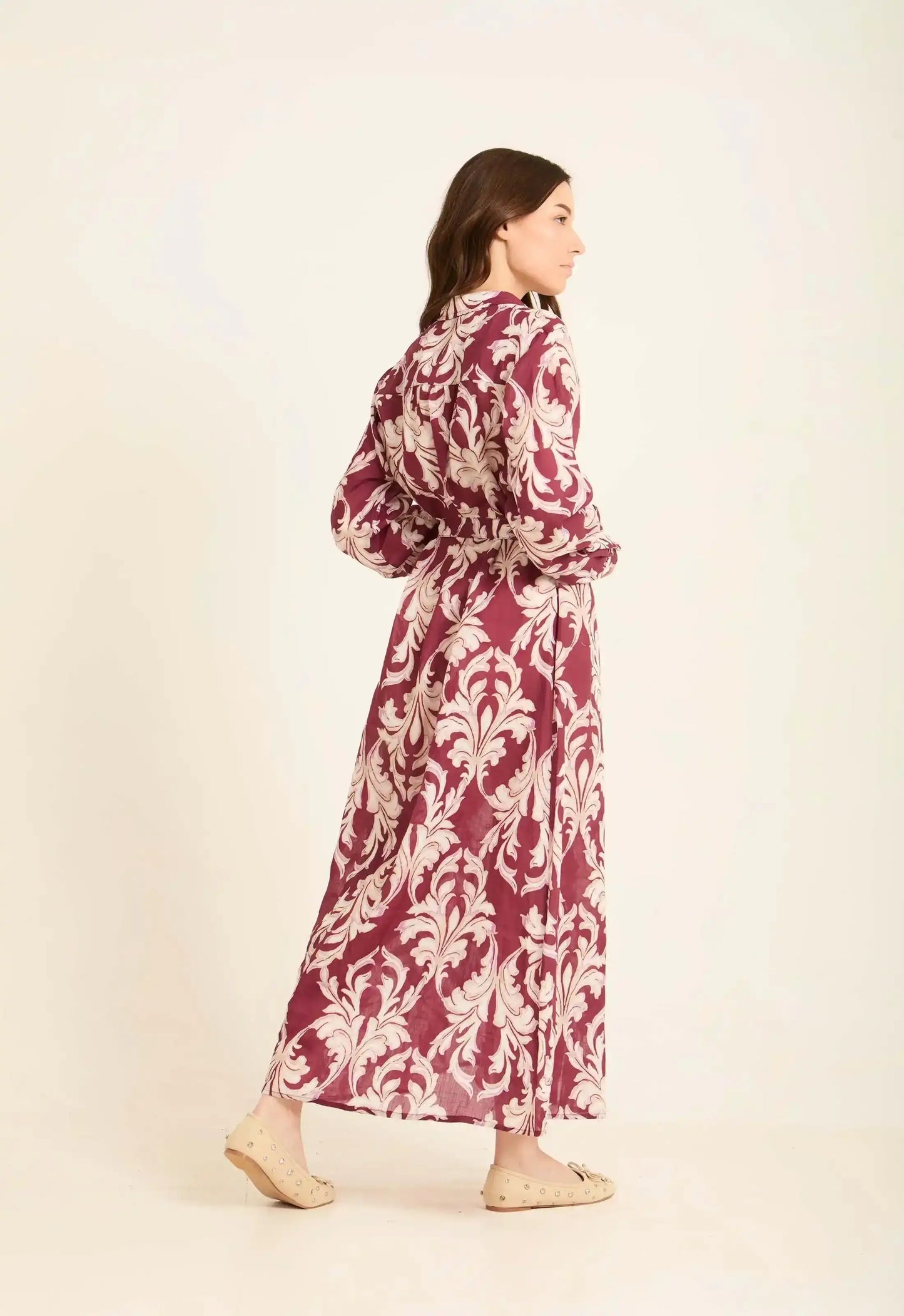 Long Sleeves Damask Pattern Buttoned Dress