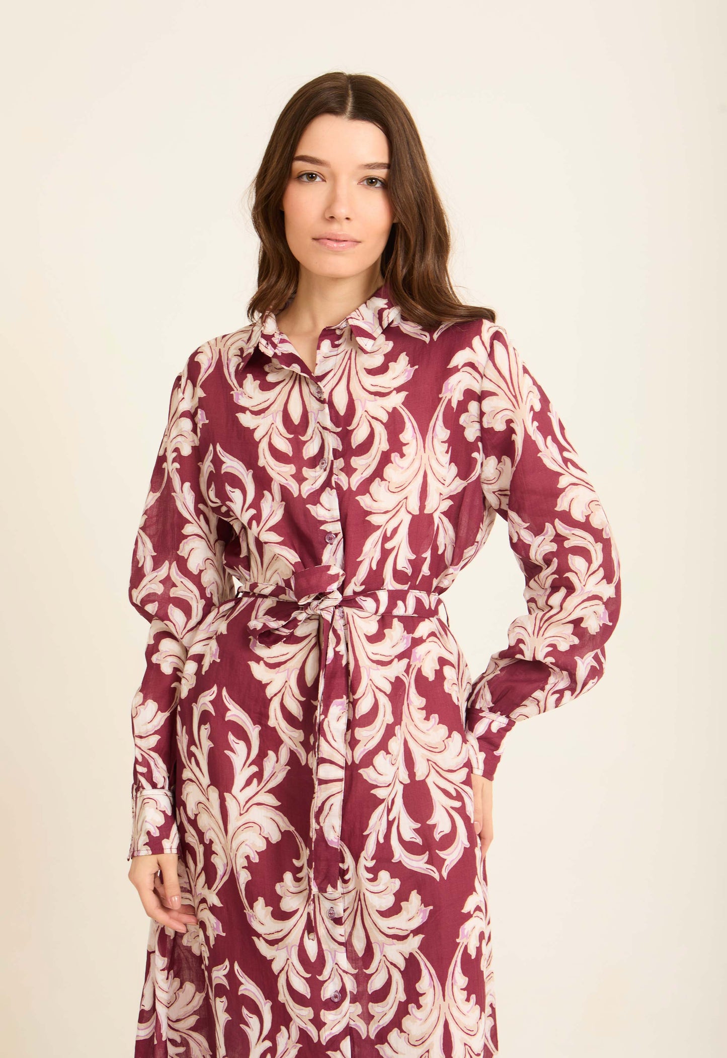 Long Sleeves Damask Pattern Buttoned Dress