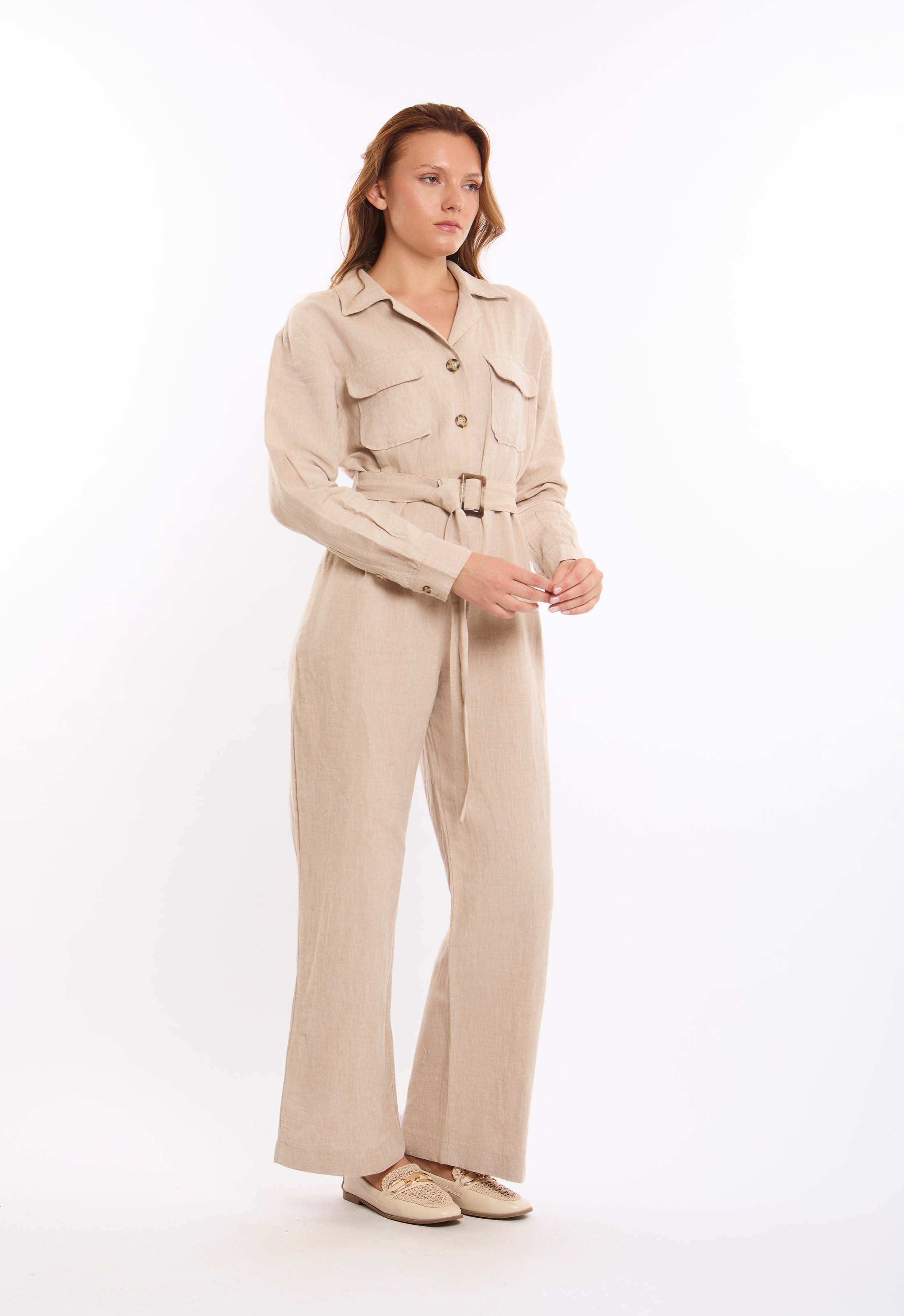Buttons Down Textured Jumpsuit with Belt