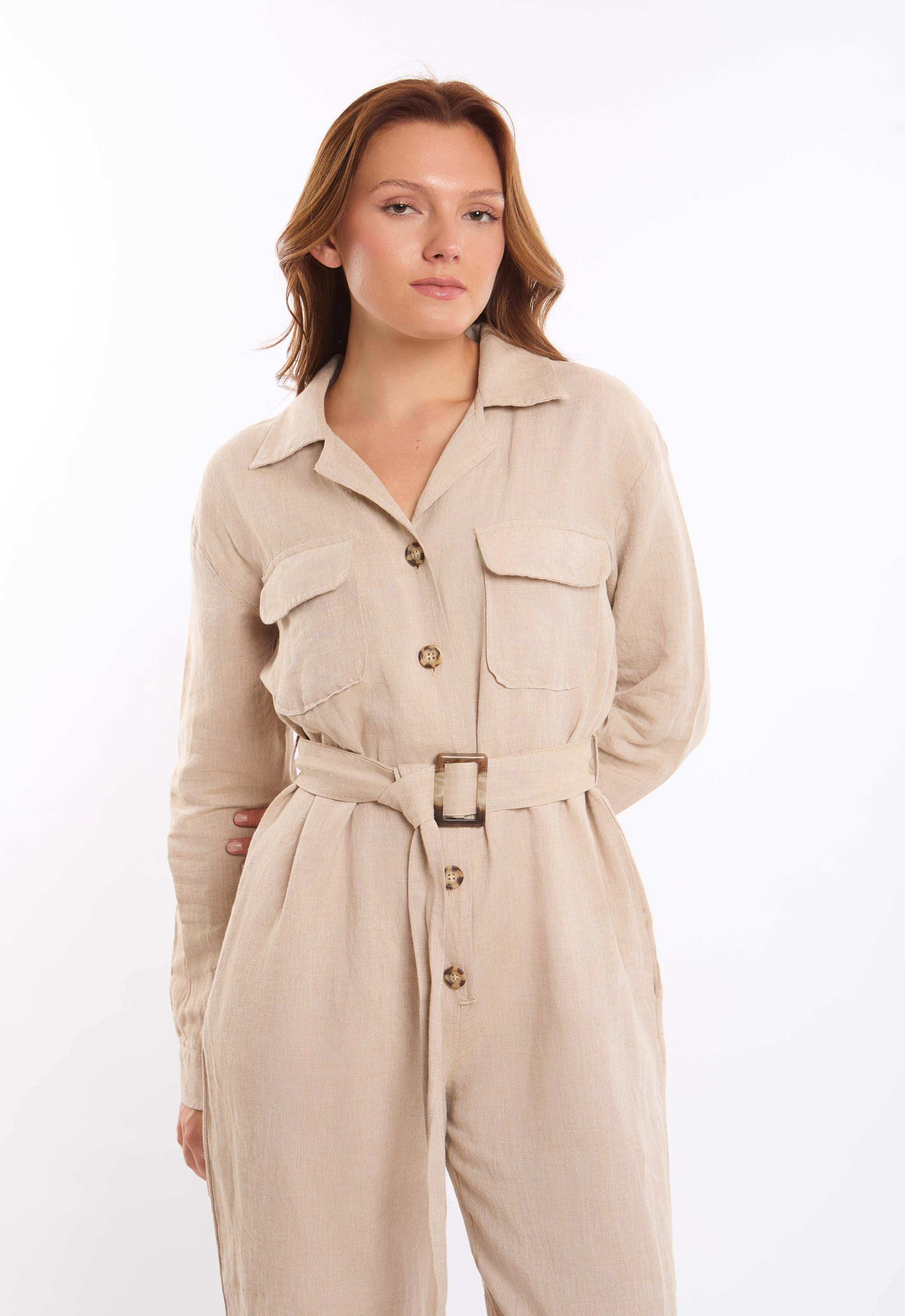Buttons Down Textured Jumpsuit with Belt