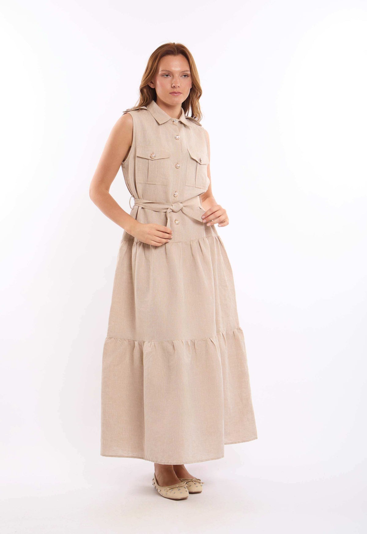 Sleeveless Casual Tiered Dress with Buttoned Pockets