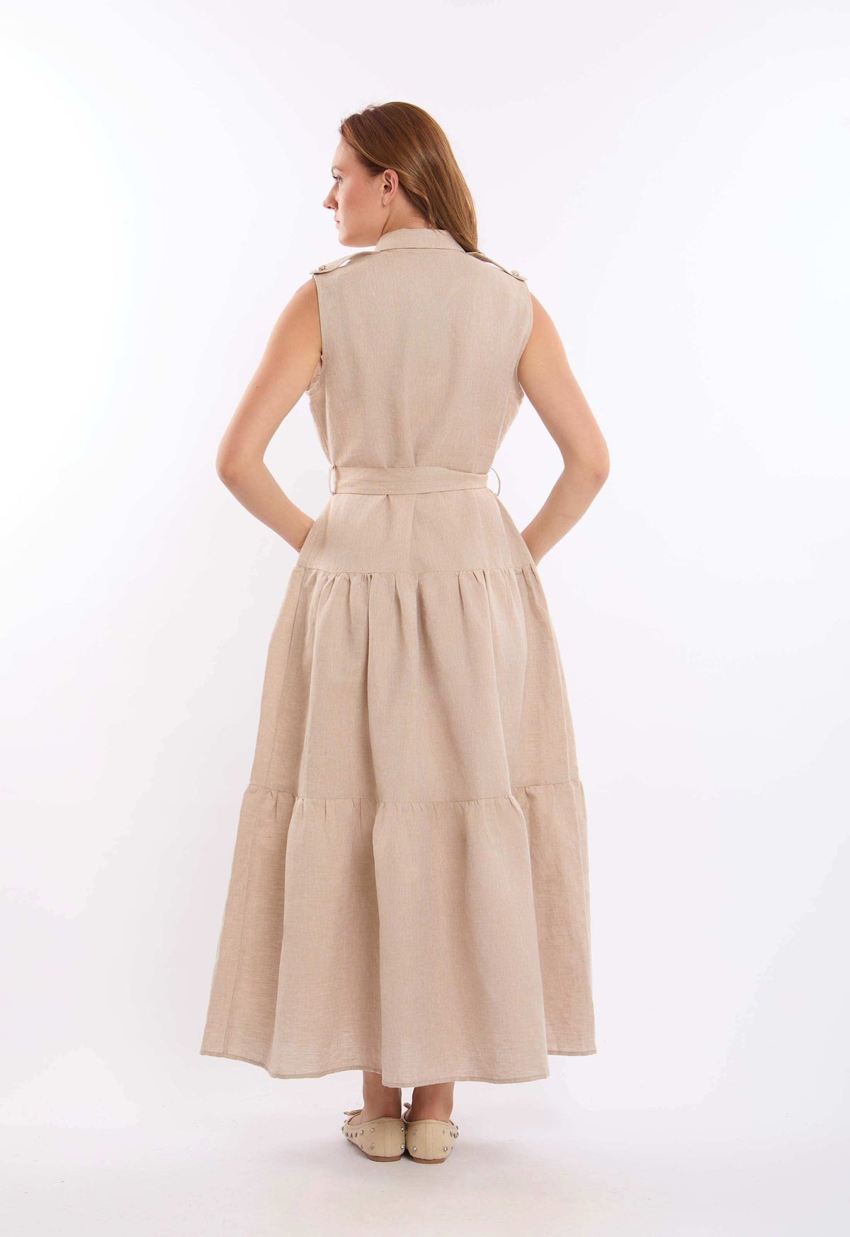 Sleeveless Casual Tiered Dress with Buttoned Pockets