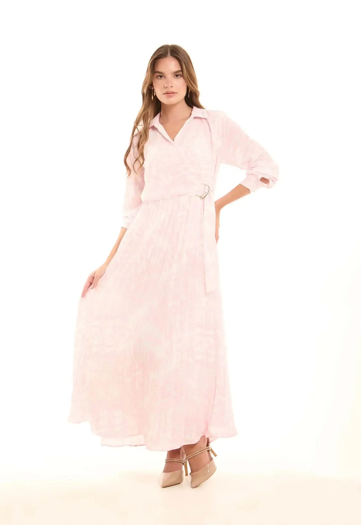 Long Sleeved Patterned Maxi Dress with Tie-Waist Belt