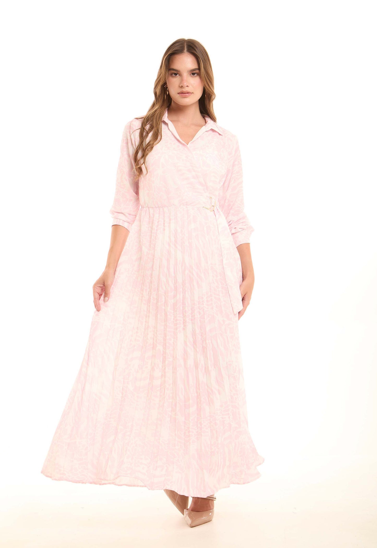 Long Sleeved Patterned Maxi Dress with Tie-Waist Belt