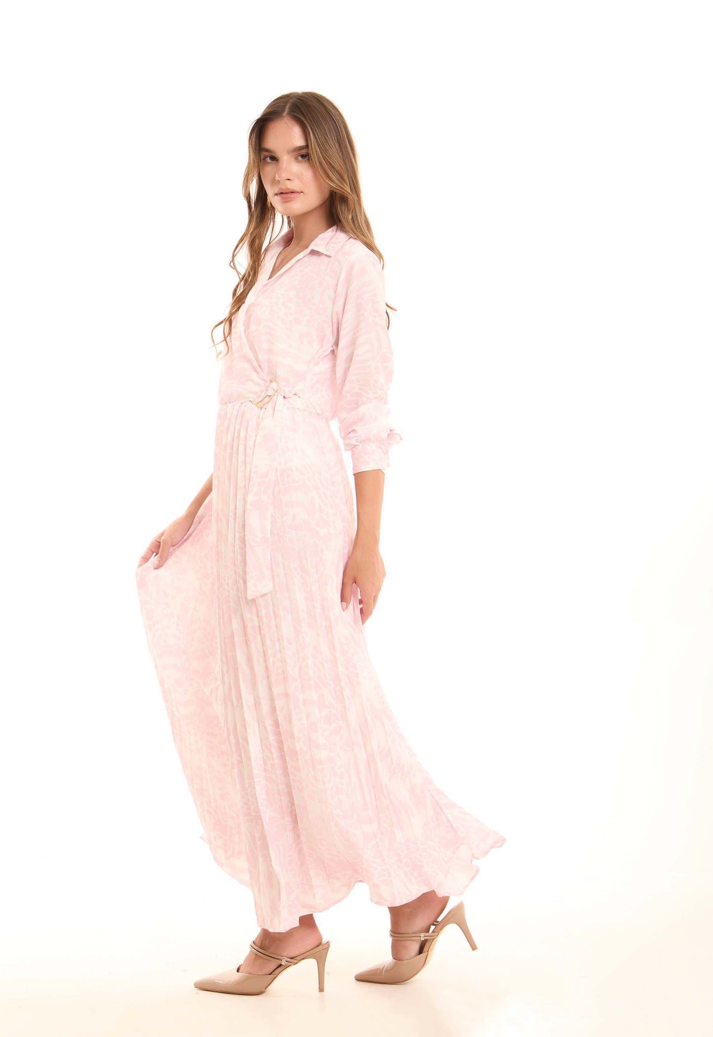 Long Sleeved Patterned Maxi Dress with Tie-Waist Belt