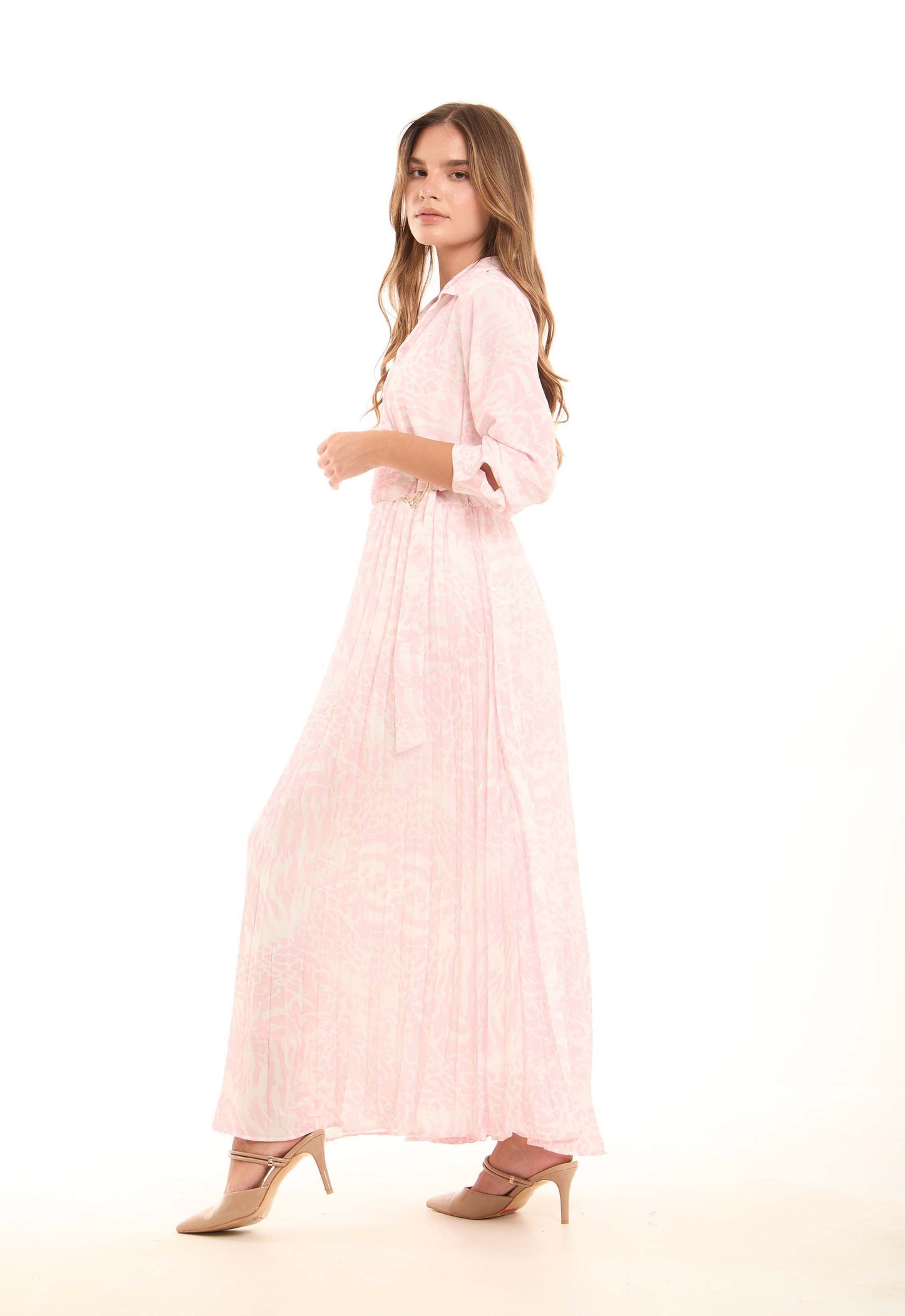 Long Sleeved Patterned Maxi Dress with Tie-Waist Belt