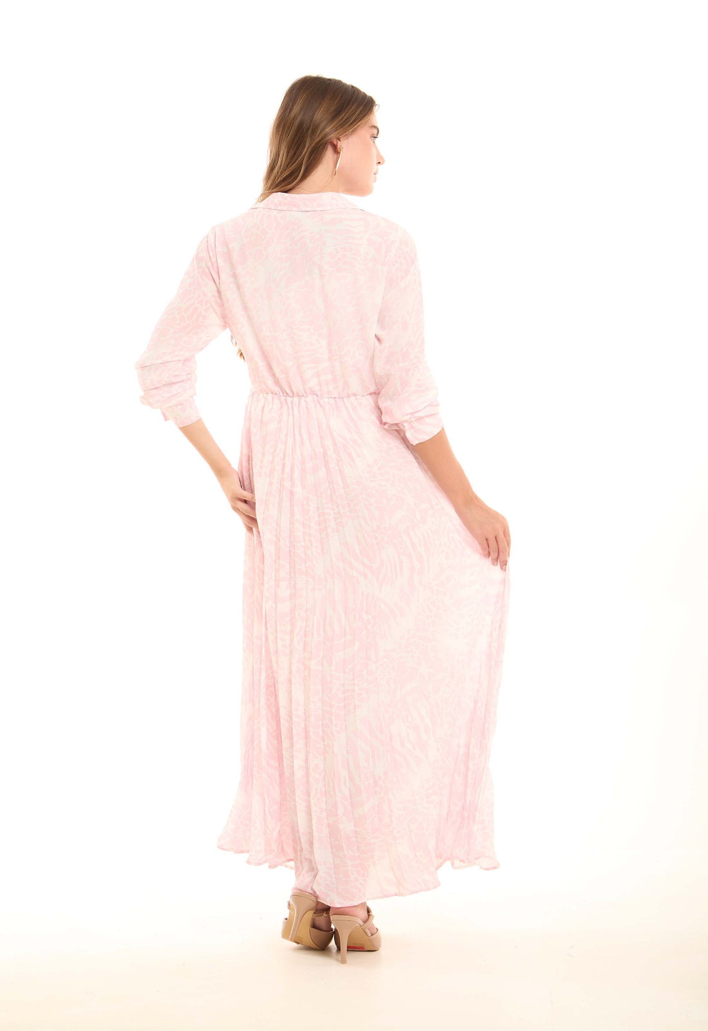 Long Sleeved Patterned Maxi Dress with Tie-Waist Belt