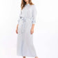 Belted-Waist Patterned Maxi Dress with Classic Collar