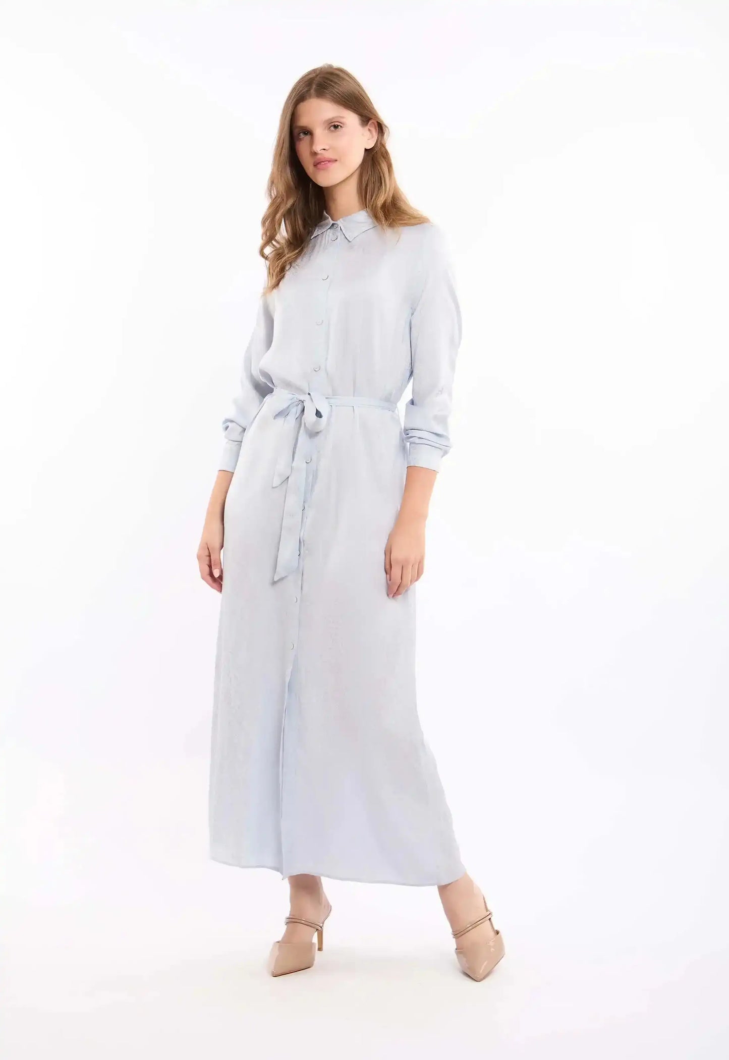 Belted-Waist Patterned Maxi Dress with Classic Collar
