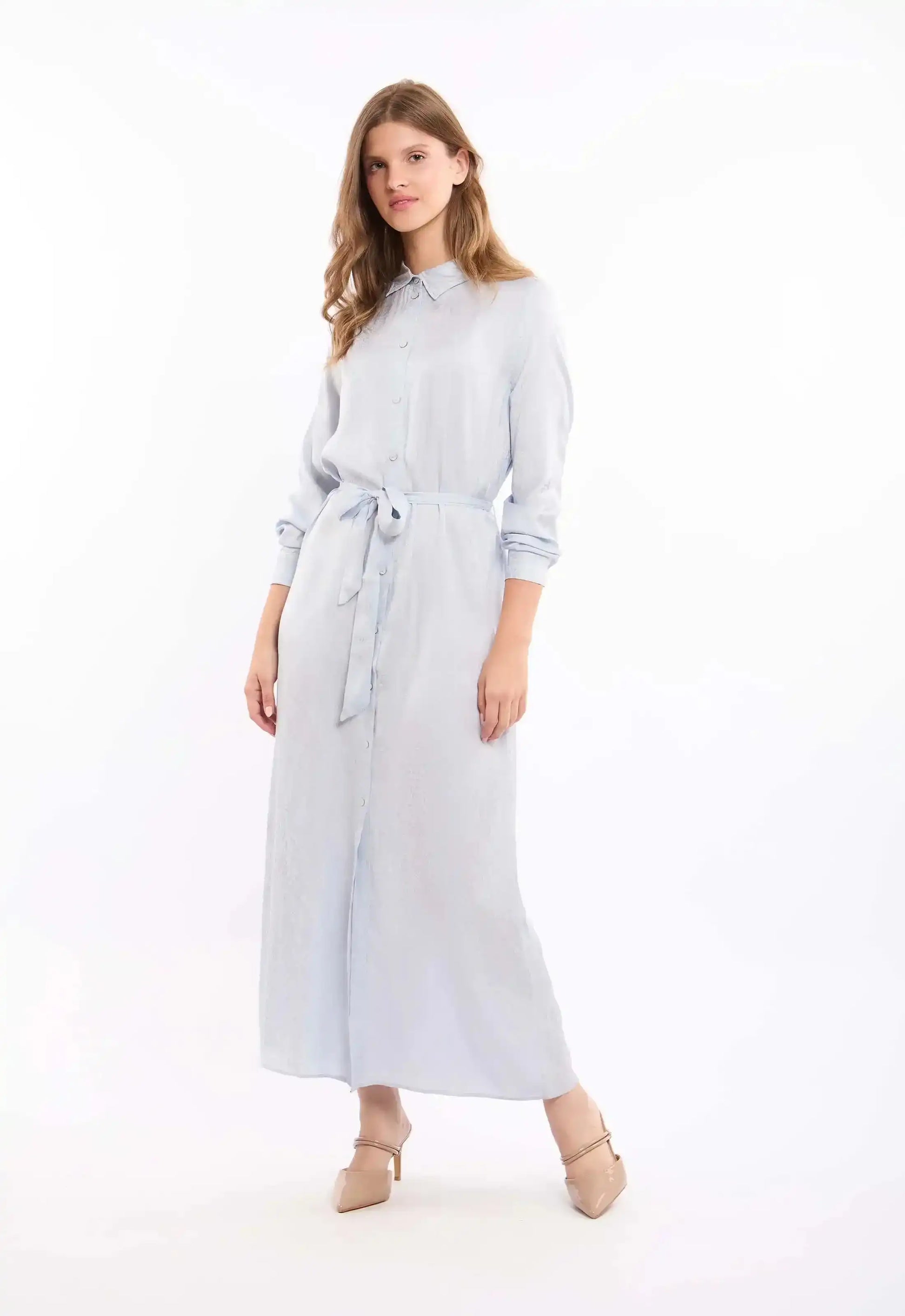 Belted-Waist Patterned Maxi Dress with Classic Collar