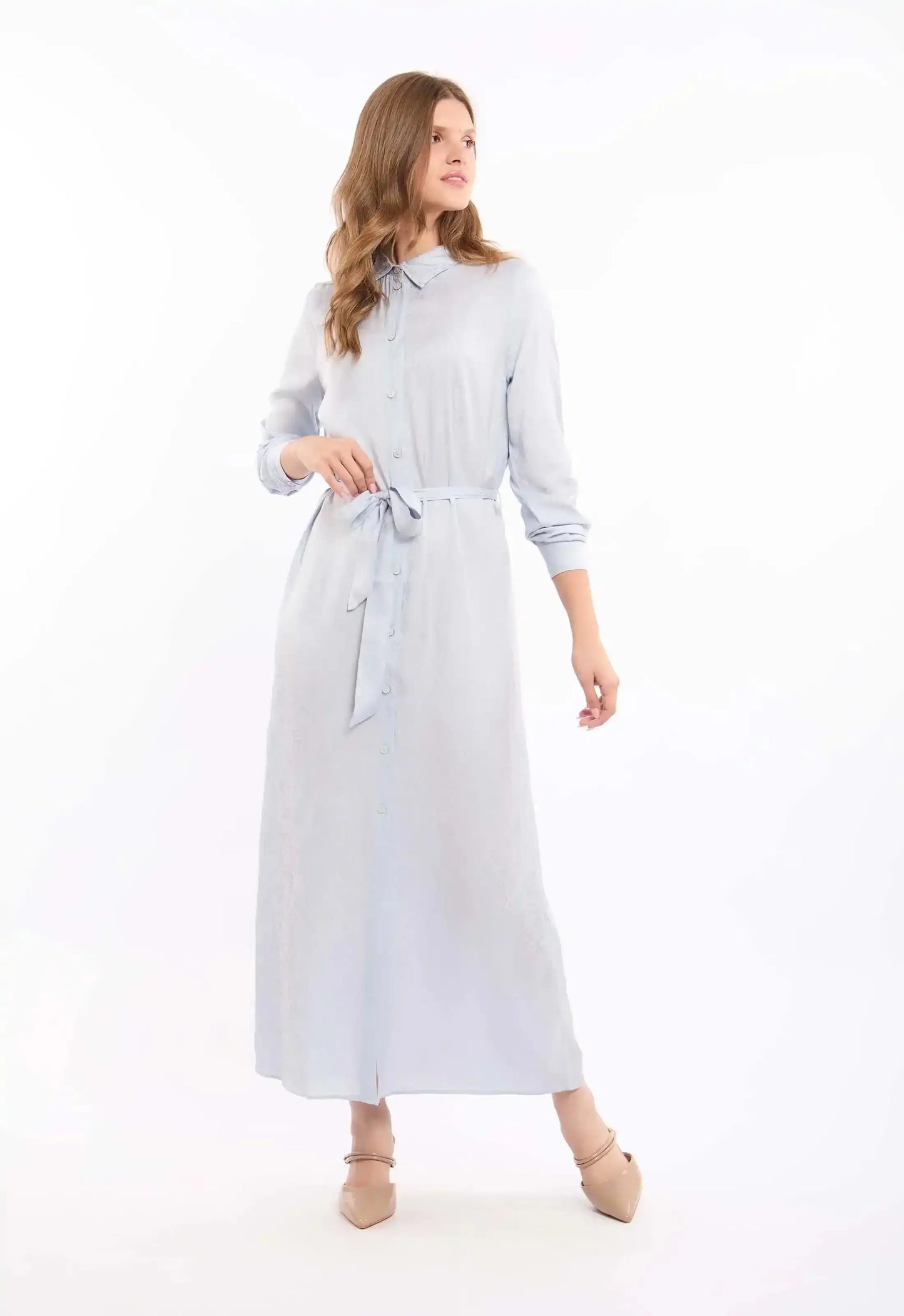 Belted-Waist Patterned Maxi Dress with Classic Collar