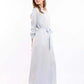 Belted-Waist Patterned Maxi Dress with Classic Collar