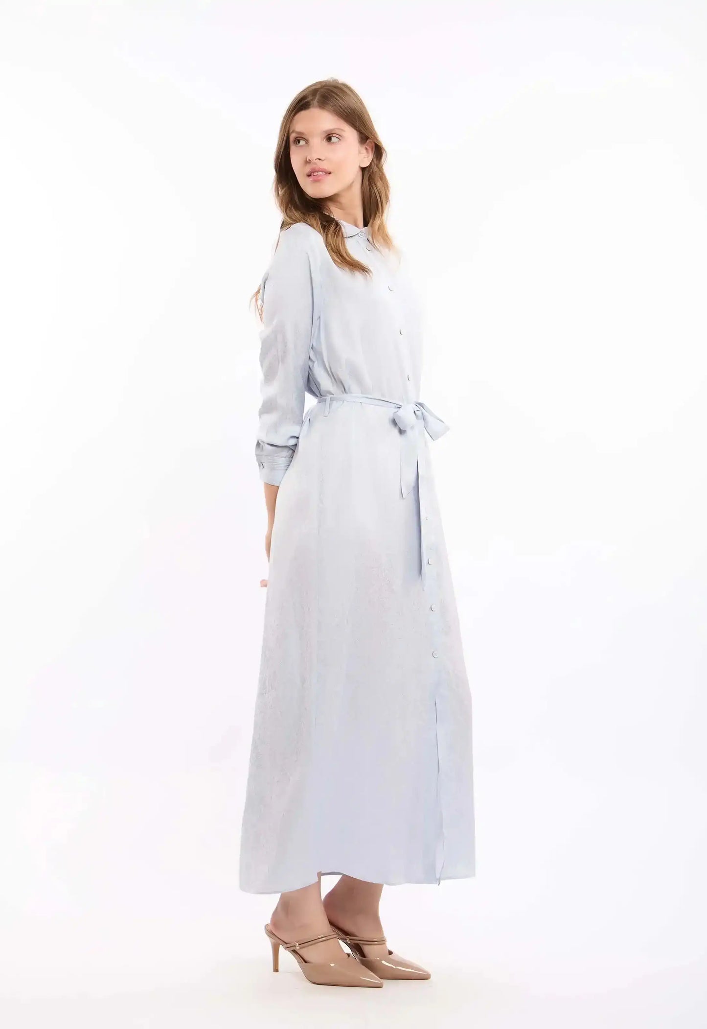 Belted-Waist Patterned Maxi Dress with Classic Collar
