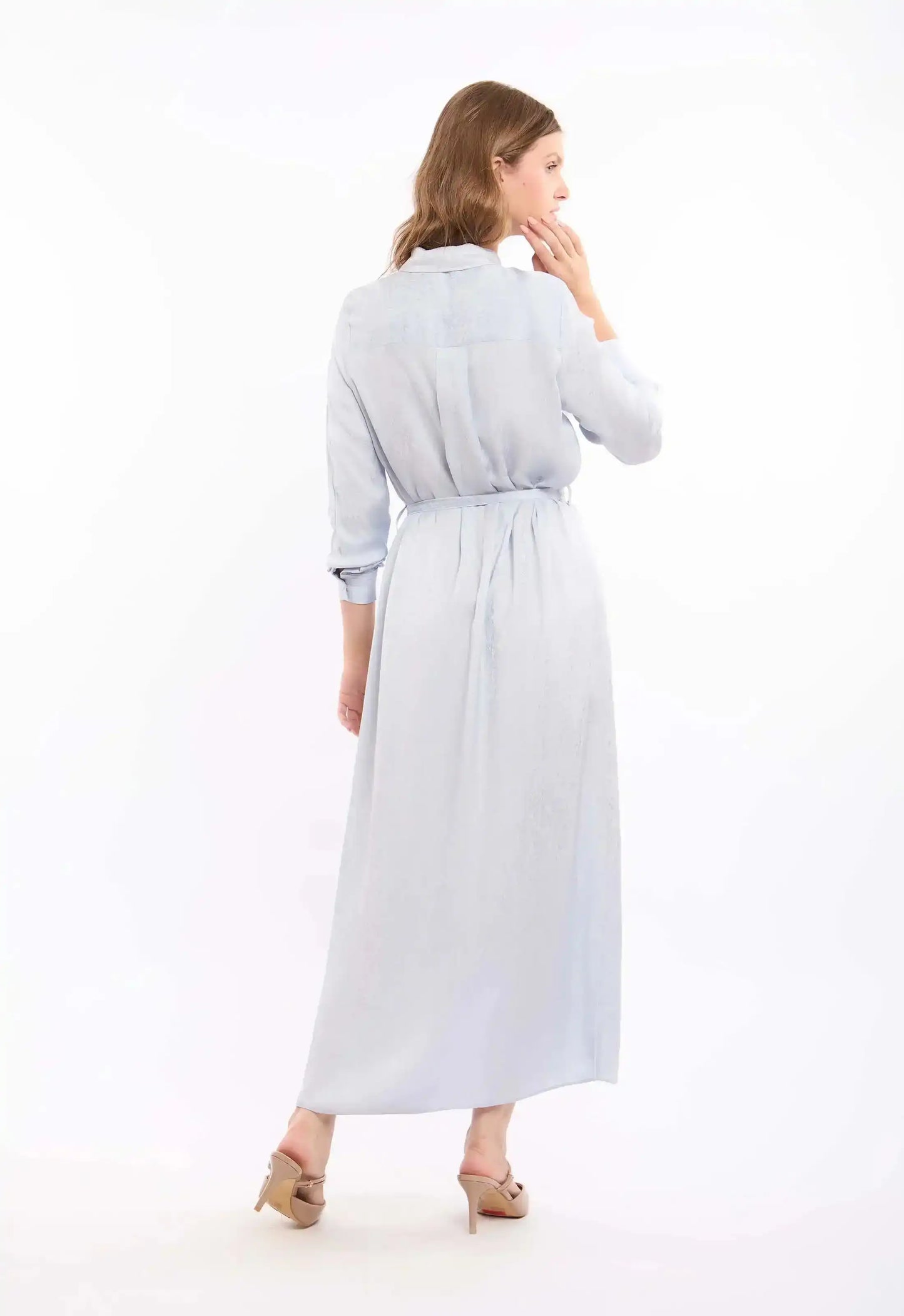 Belted-Waist Patterned Maxi Dress with Classic Collar