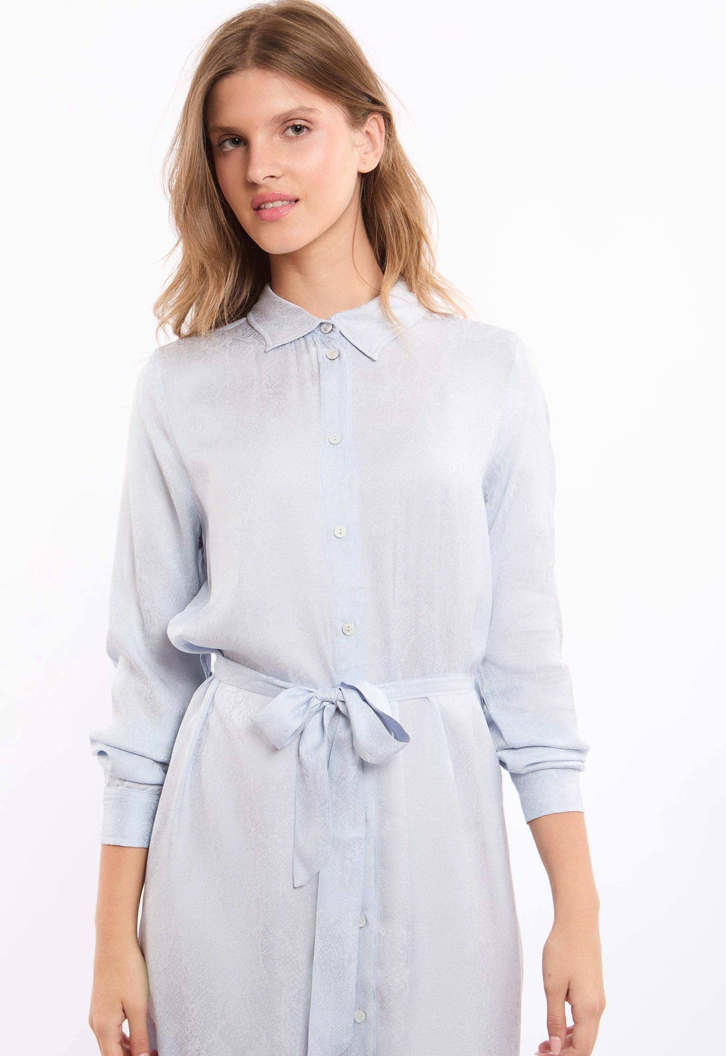 Belted-Waist Patterned Maxi Dress with Classic Collar