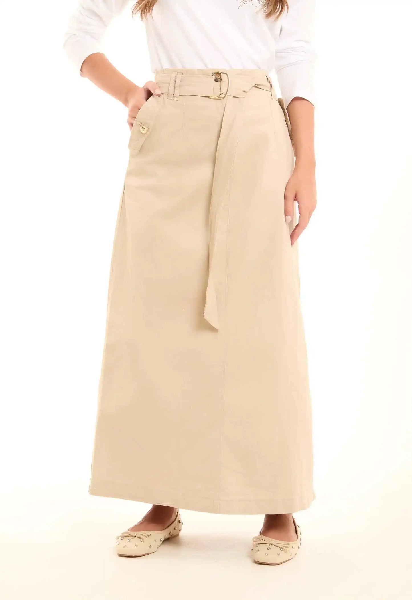 Buttoned Solid Skirt with Decorative Belt