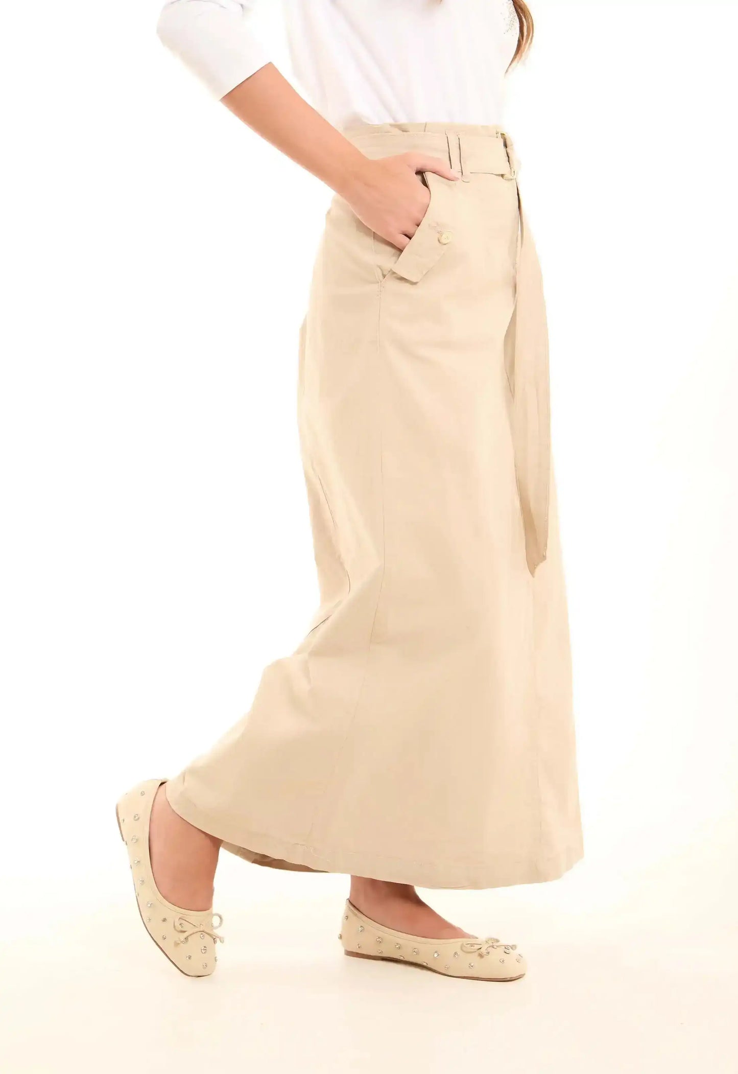Buttoned Solid Skirt with Decorative Belt