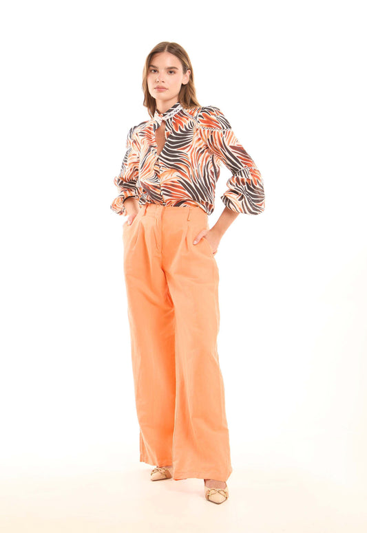 Cotton-Linen Pleated Wide-Leg Pants