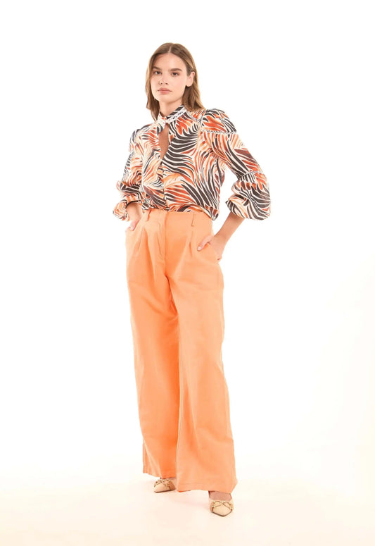 Cotton-Linen Pleated Wide-Leg Pants