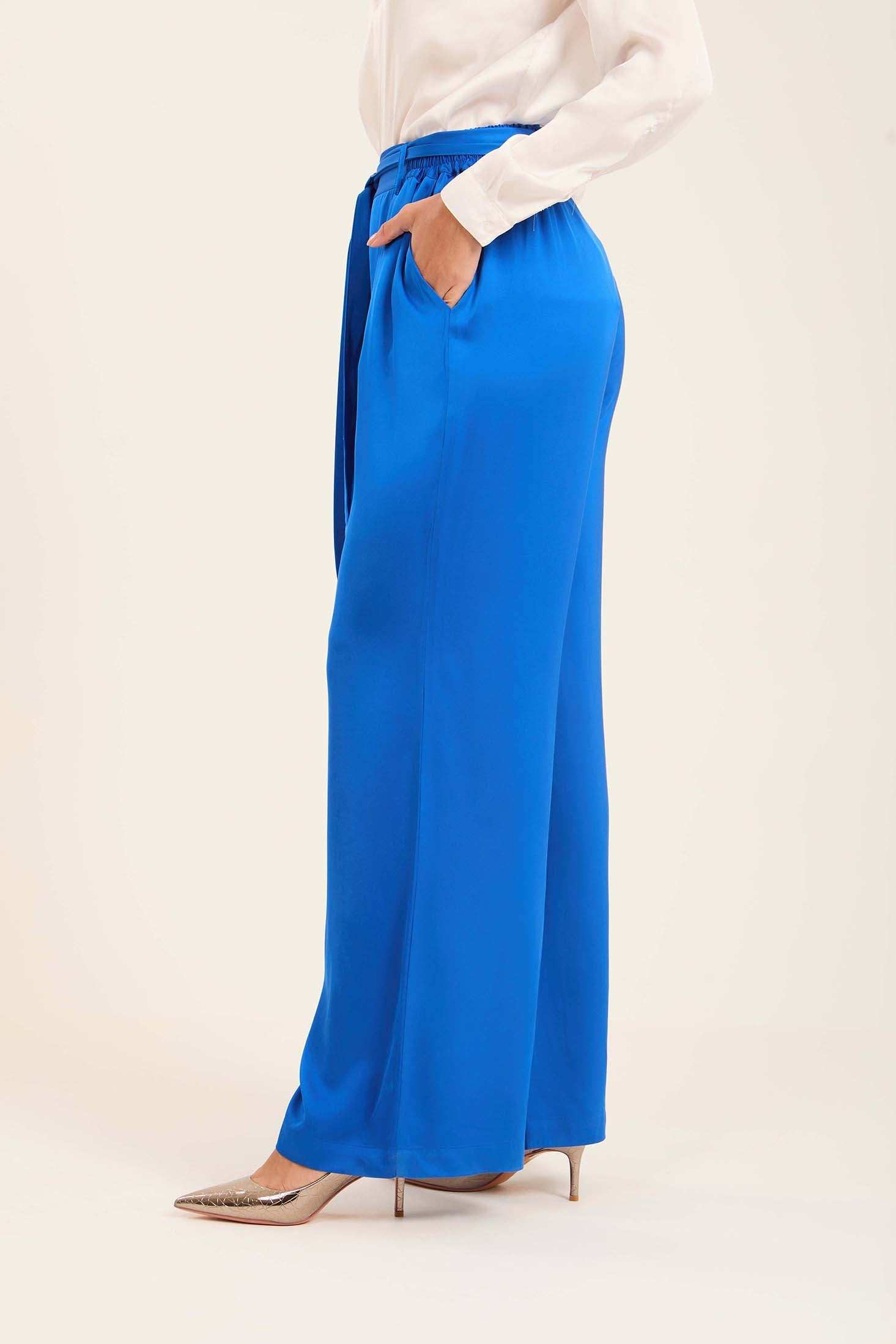 Satin Wide-Leg Pants with Waist Tie
