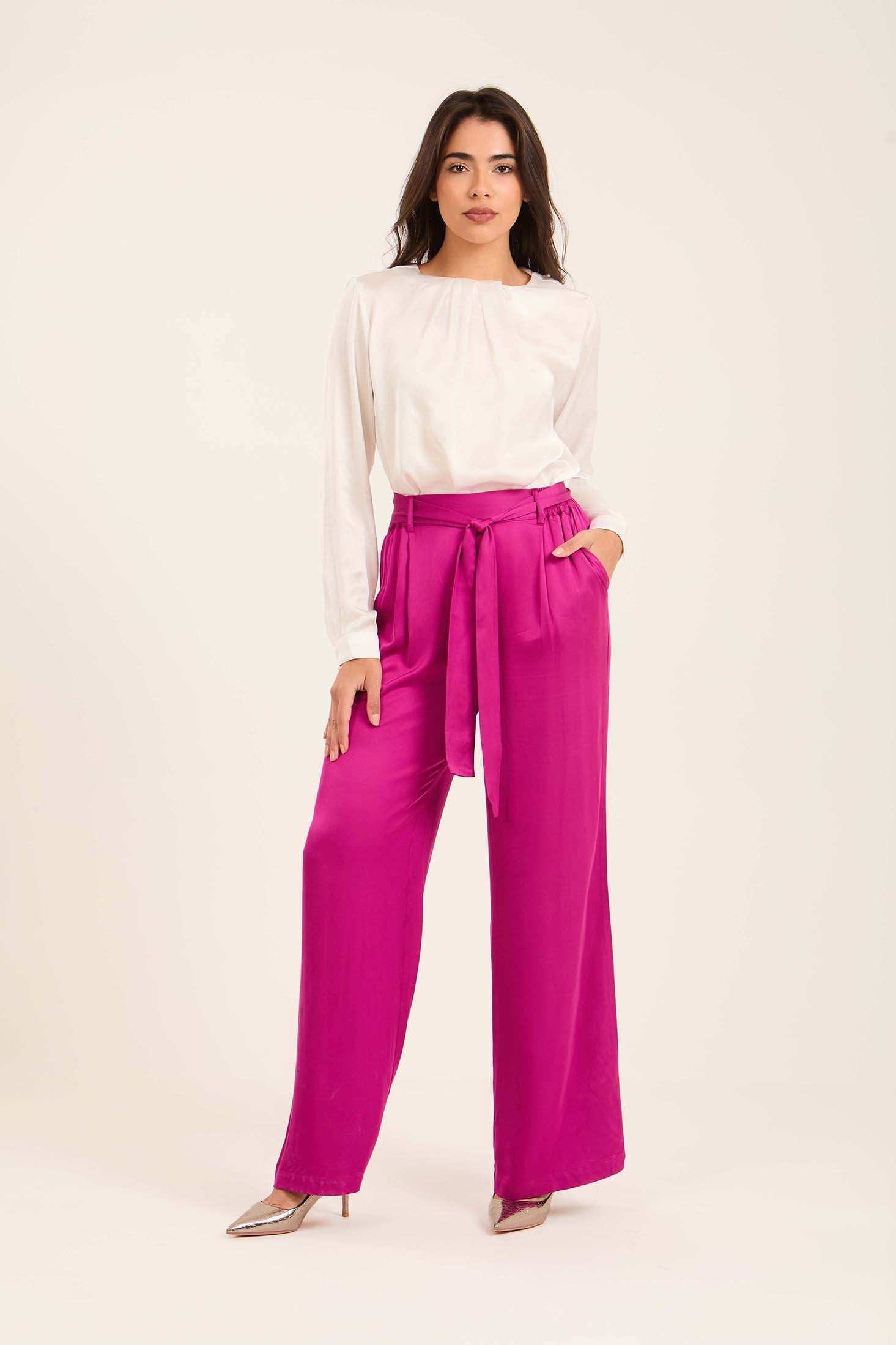 Satin Wide-Leg Pants with Waist Tie