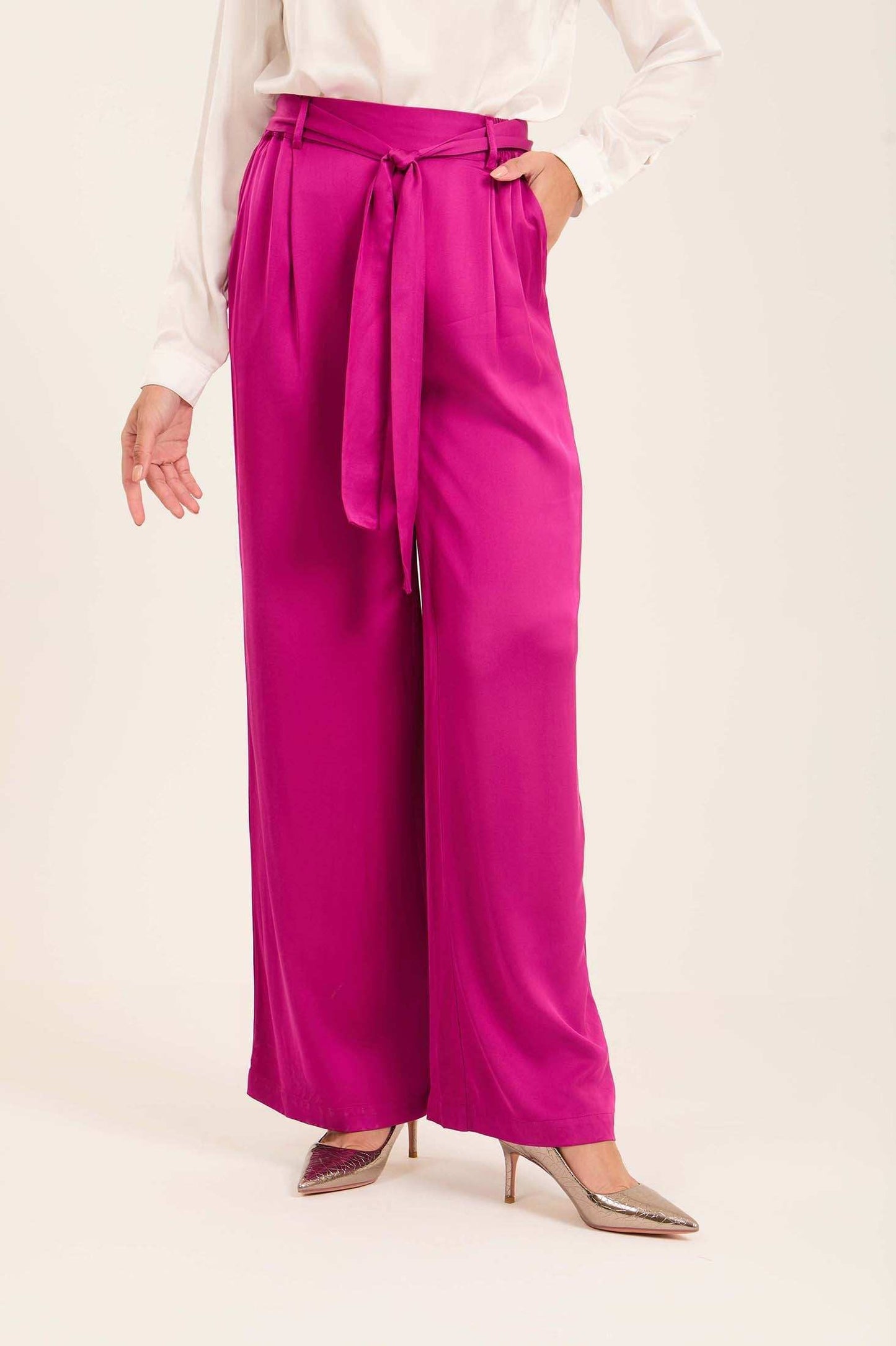 Satin Wide-Leg Pants with Waist Tie