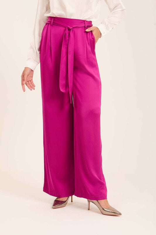 Satin Wide-Leg Pants with Waist Tie