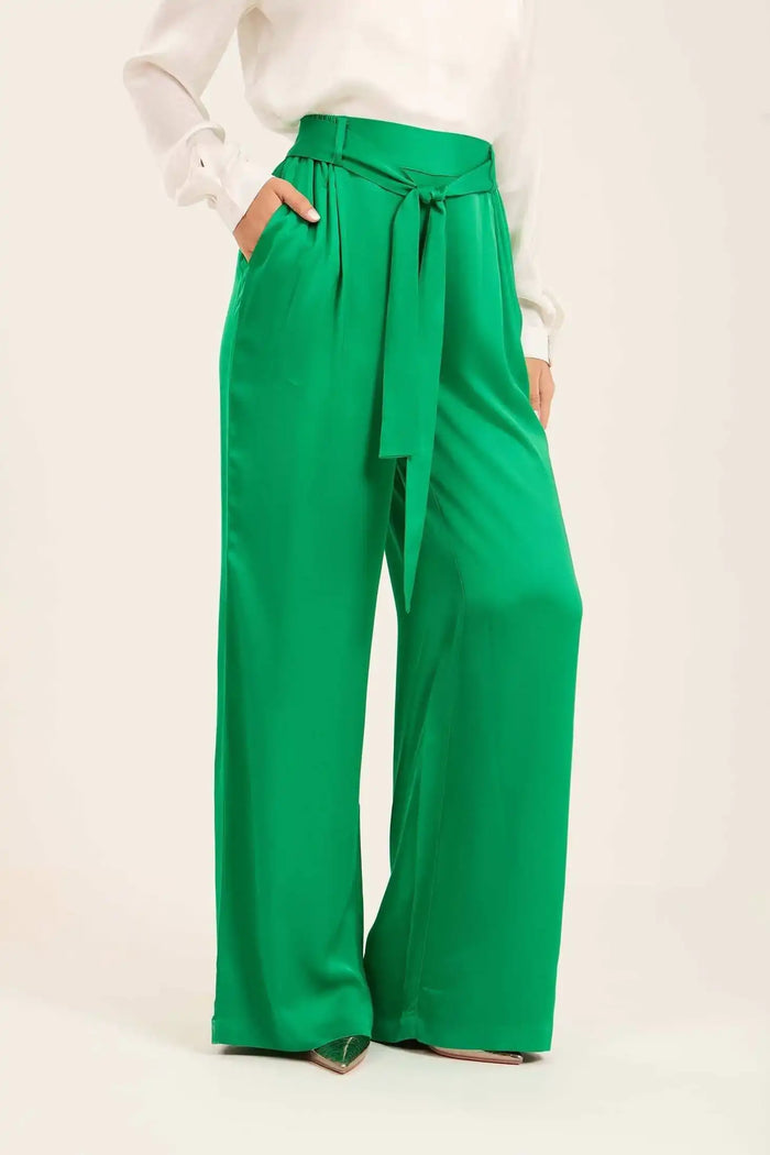 Satin Wide-Leg Pants with Waist Tie