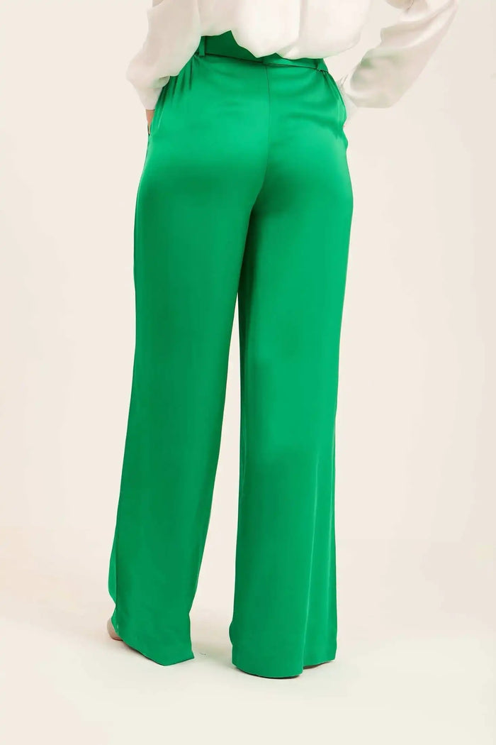 Satin Wide-Leg Pants with Waist Tie