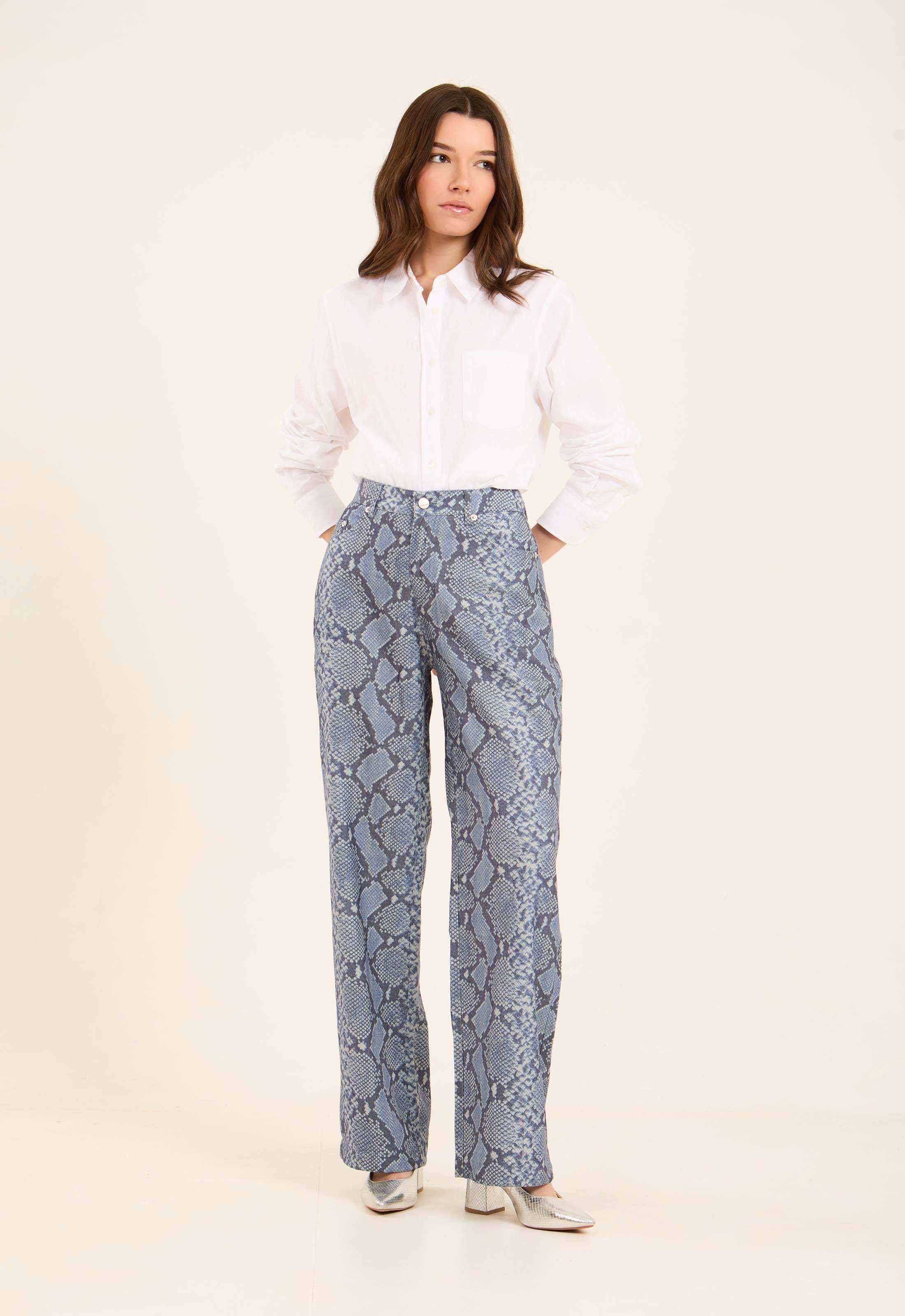 High-Waist Snake-Print Pants with Straight Cut