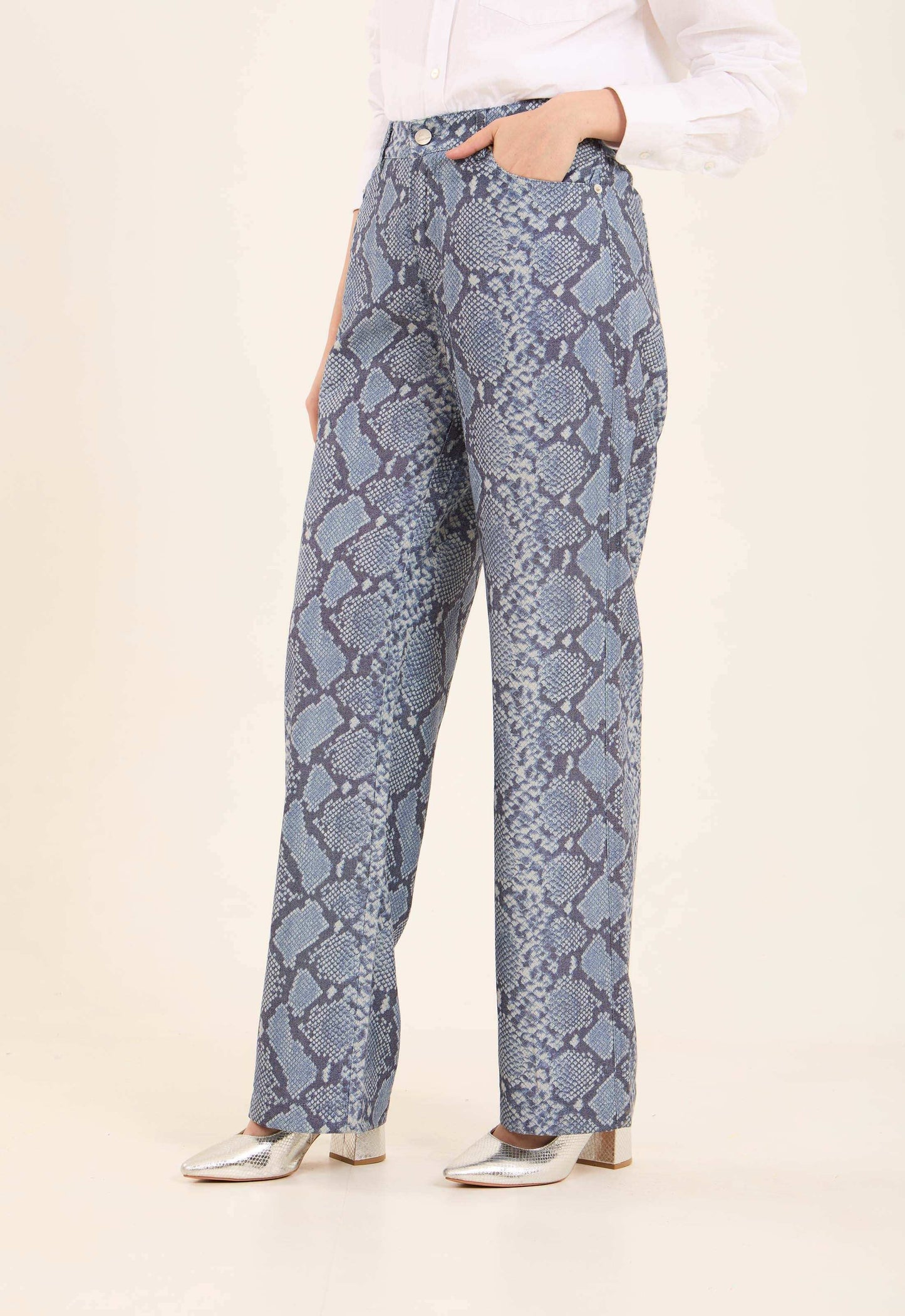 High-Waist Snake-Print Pants with Straight Cut