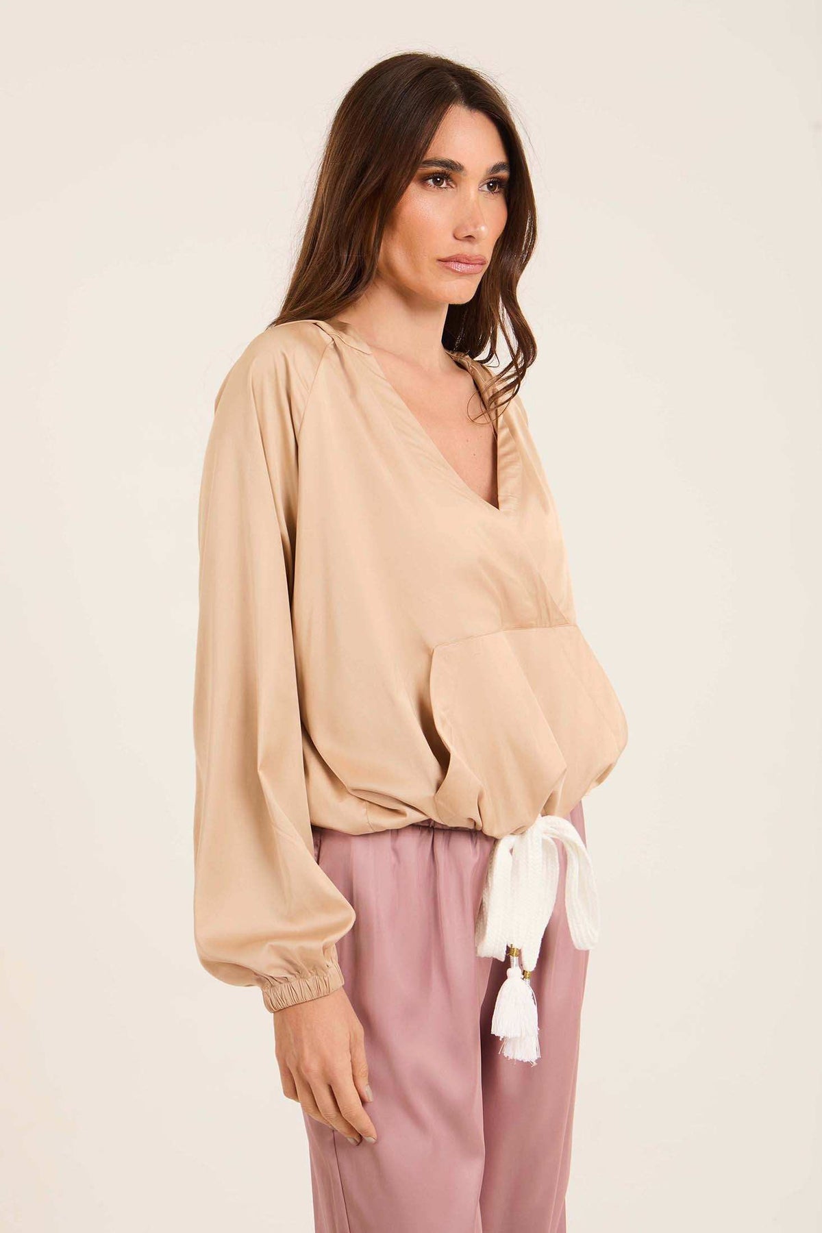 Deep V-Neck Sweatshirt with Drawstring Trim