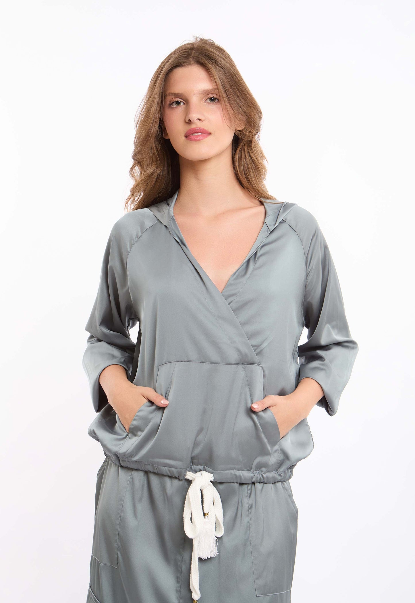 Deep V-Neck Sweatshirt with Drawstring Trim