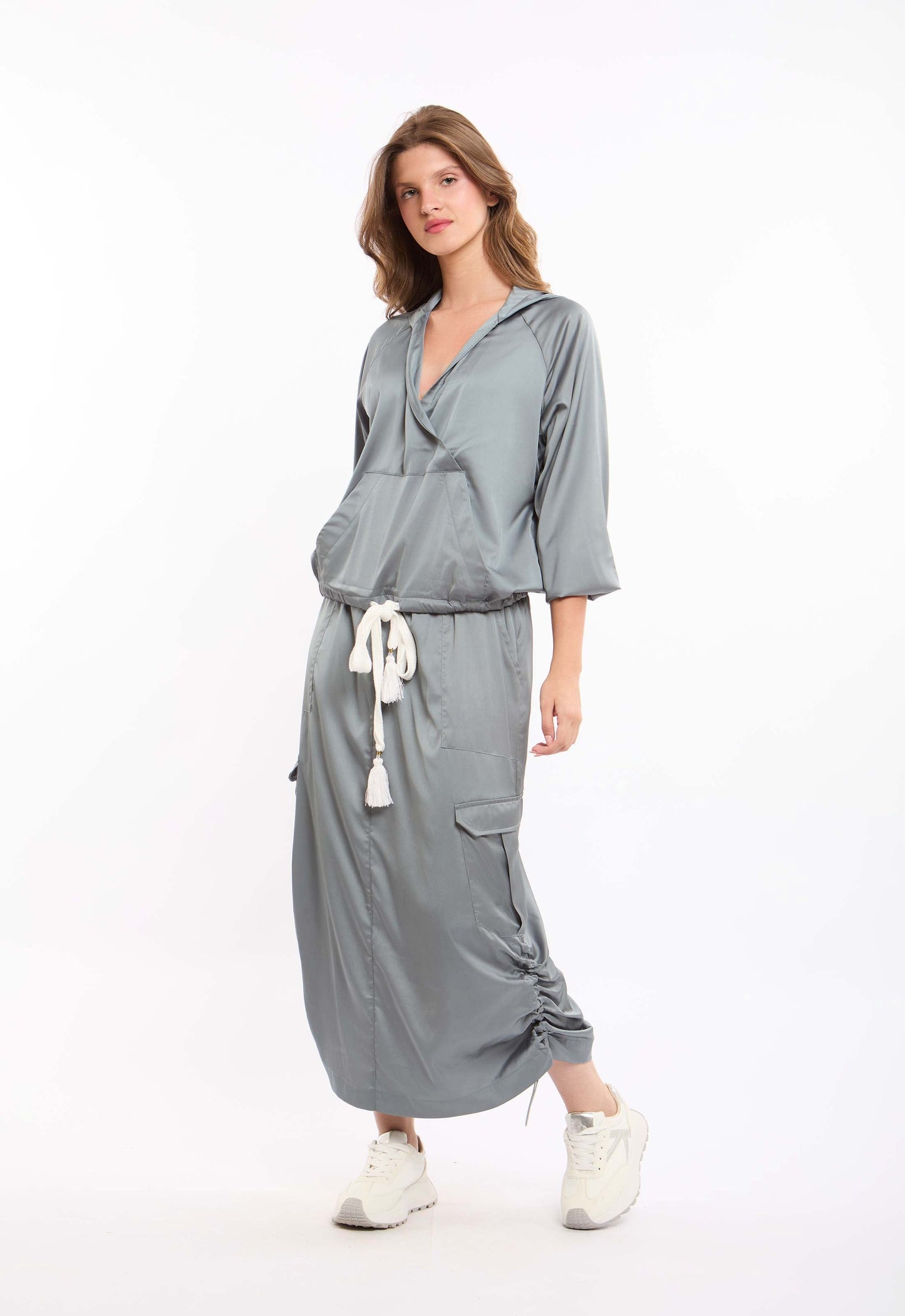 Deep V-Neck Sweatshirt with Drawstring Trim