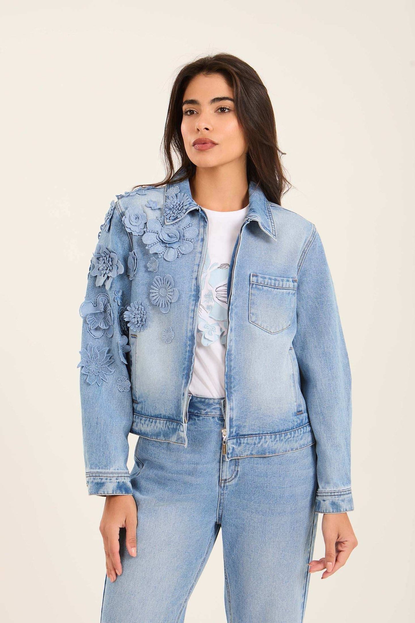 Denim Jacket with Feminine Floral Details