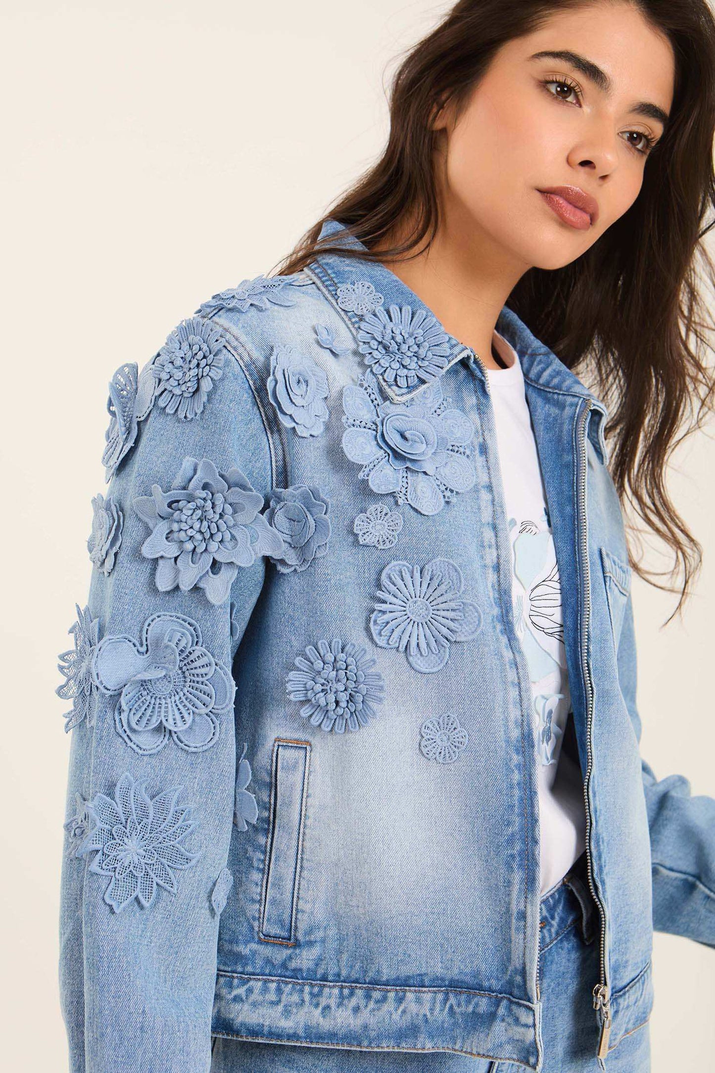 Denim Jacket with Feminine Floral Details