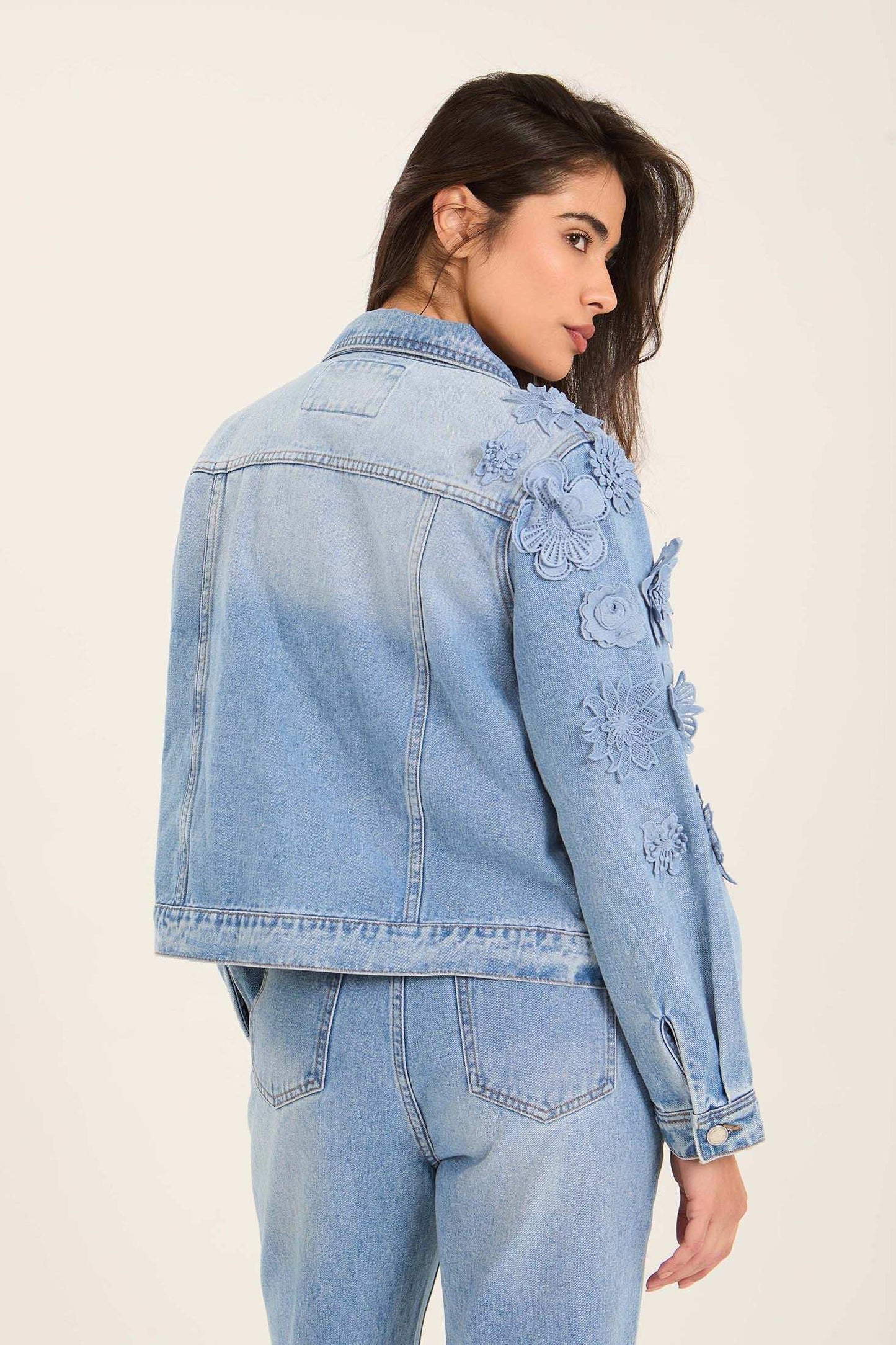 Denim Jacket with Feminine Floral Details