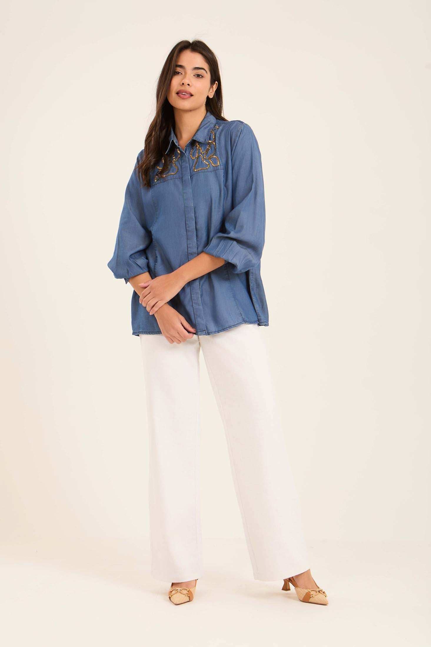 Embroidered-Collar Viscose Shirt
