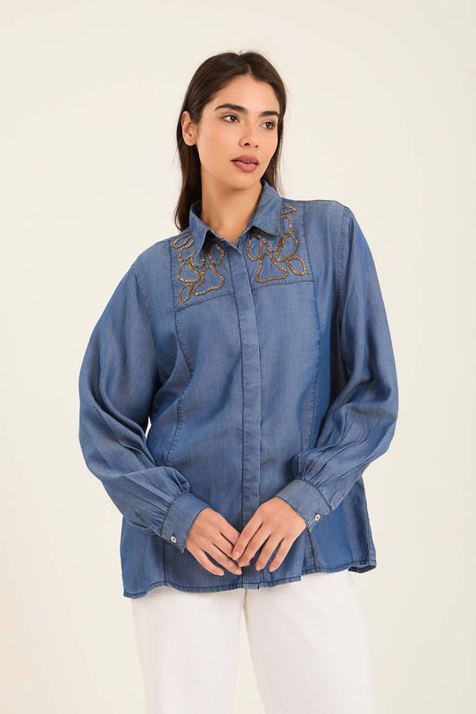 Embroidered-Collar Viscose Shirt