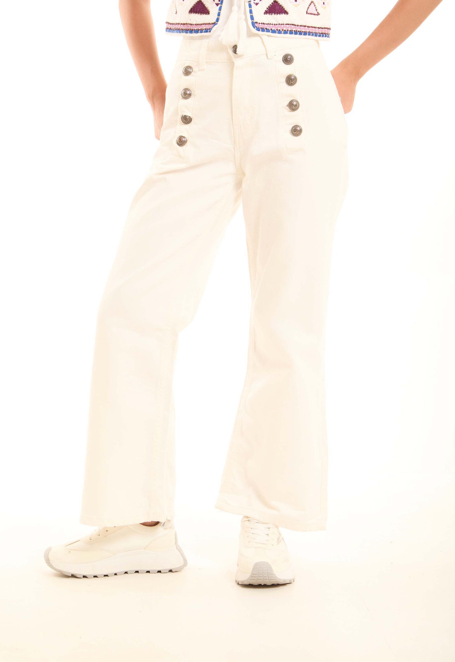 Sailor-Button Straight Pants