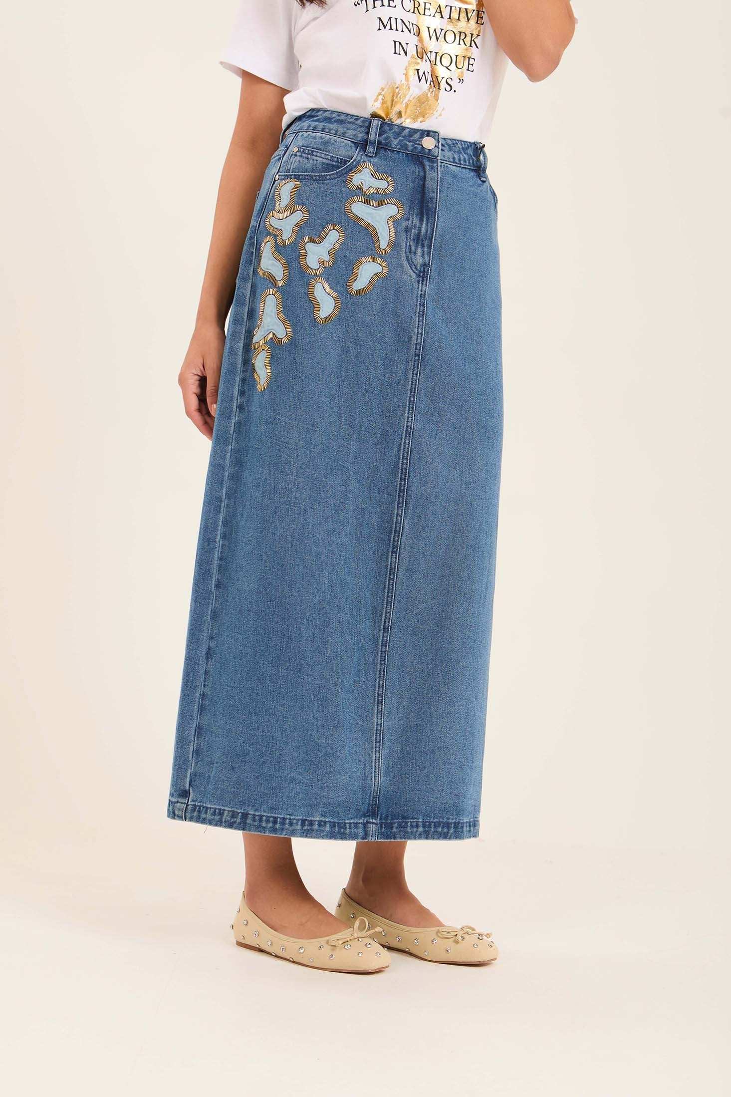 Side Stitched Crystal Casual Denim Skirt