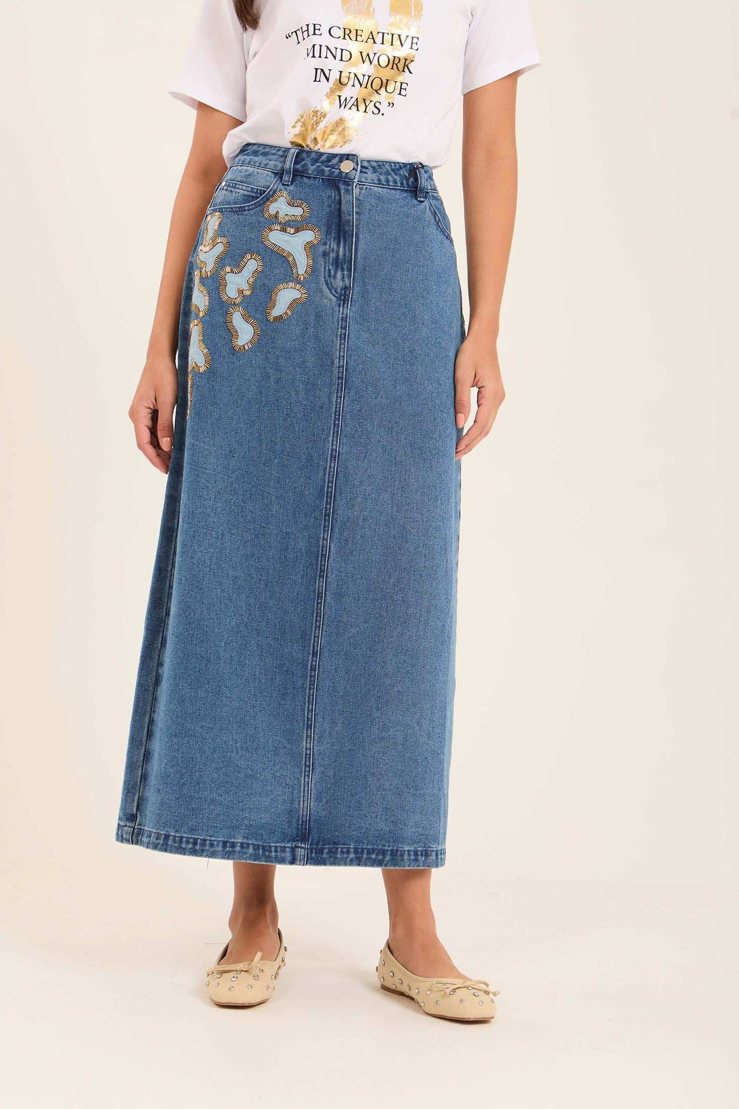 Side Stitched Crystal Casual Denim Skirt