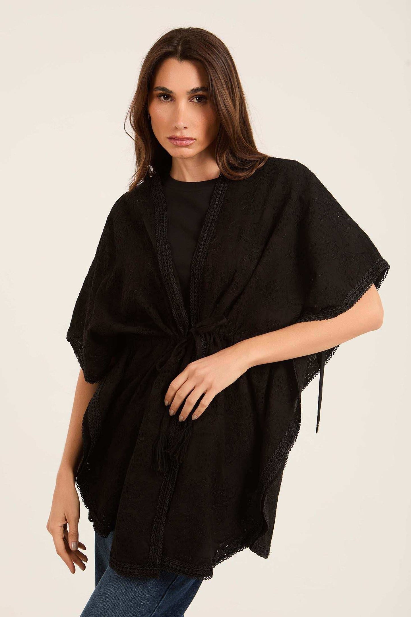 Embroidered Kimono with Waist Tie