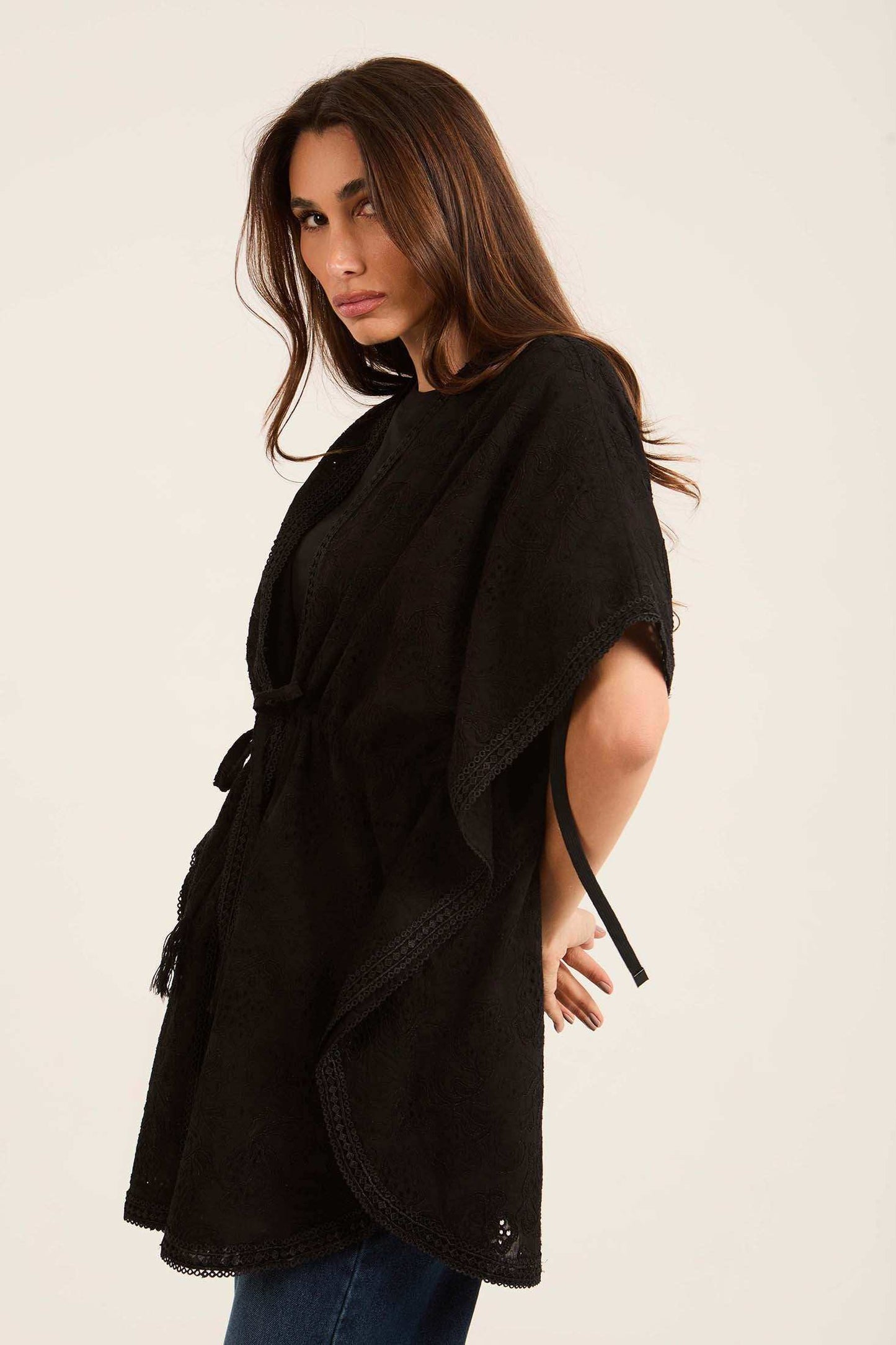 Embroidered Kimono with Waist Tie