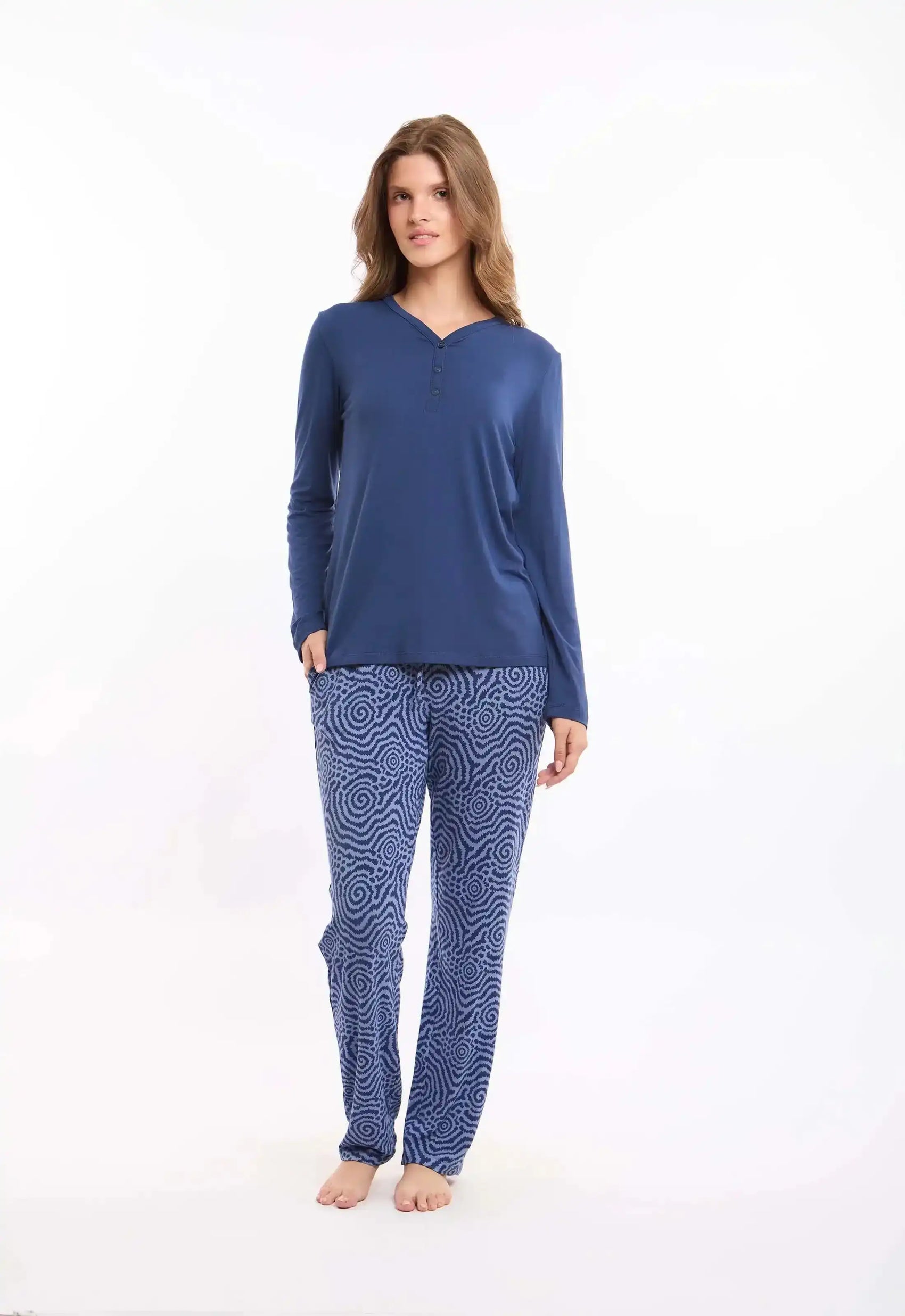 Long Sleeve Solid Tee with Patterned Pants Pajama Set