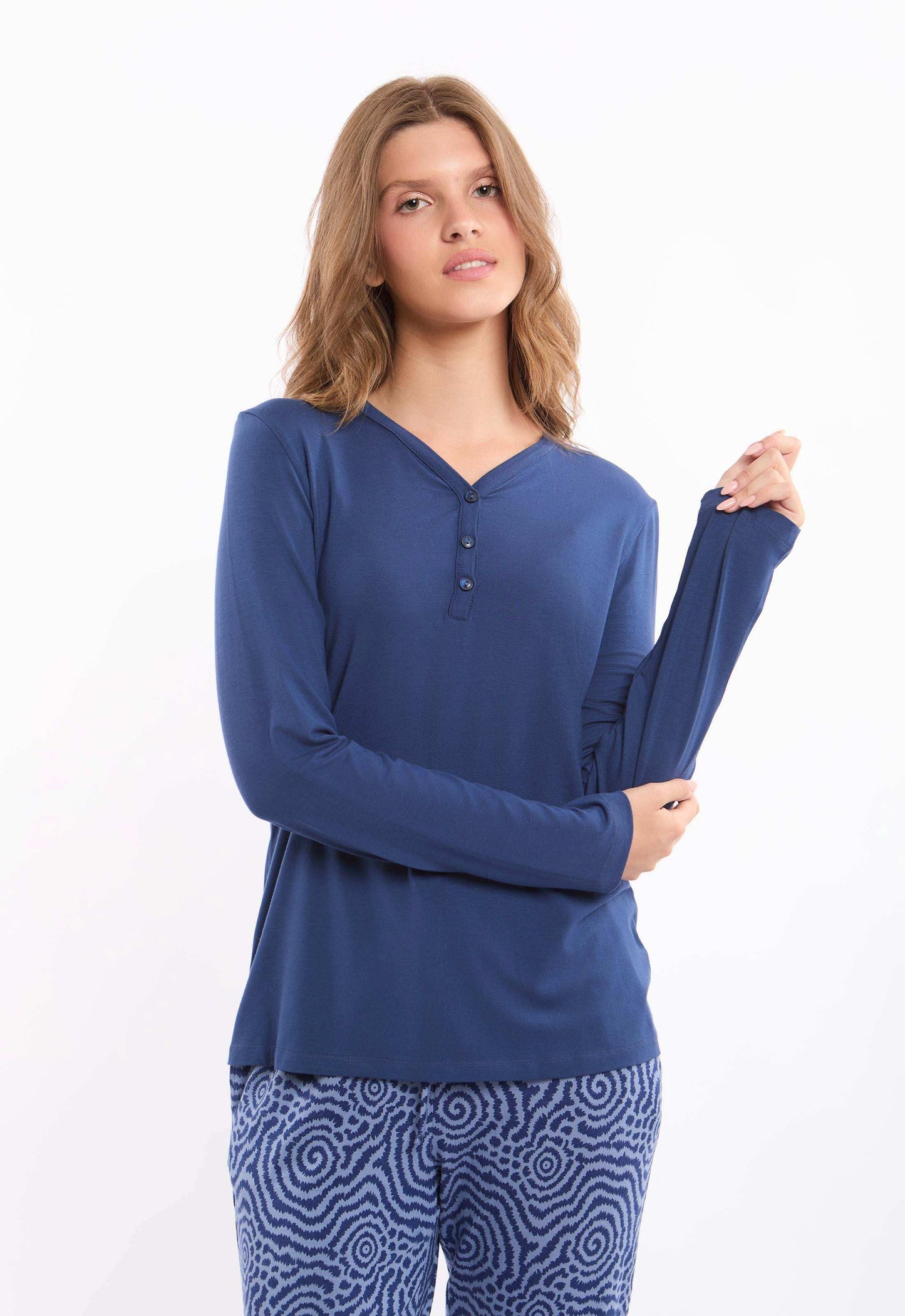 Long Sleeve Solid Tee with Patterned Pants Pajama Set