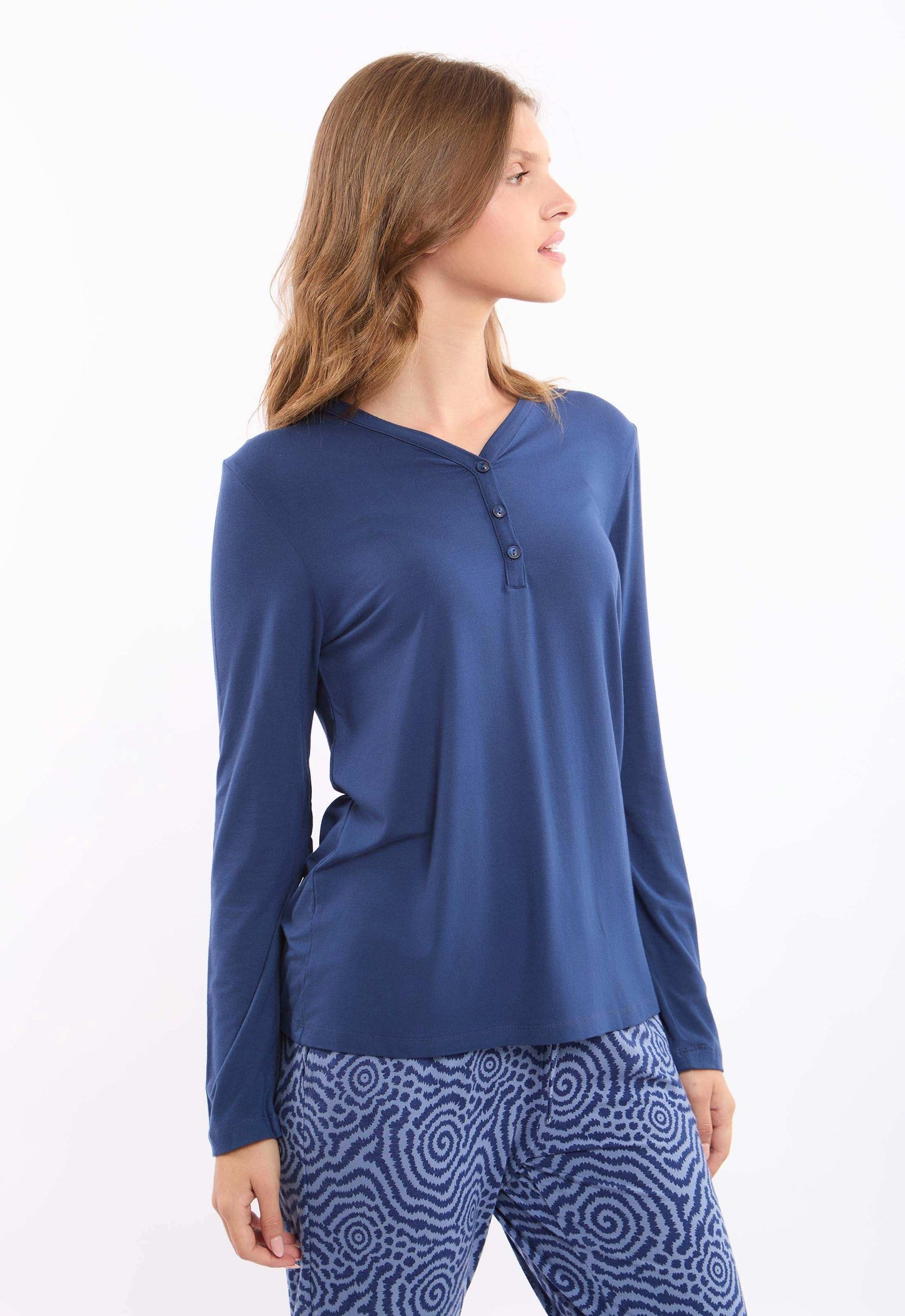 Long Sleeve Solid Tee with Patterned Pants Pajama Set