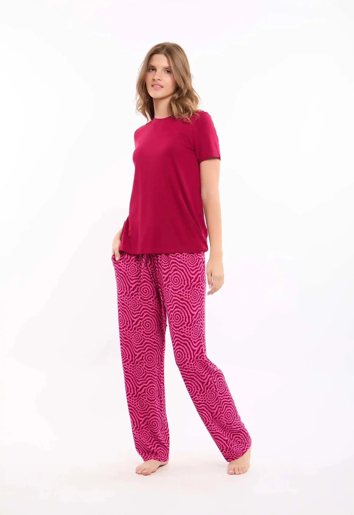 Round Neck Tee with Patterned Pants Pajama Set