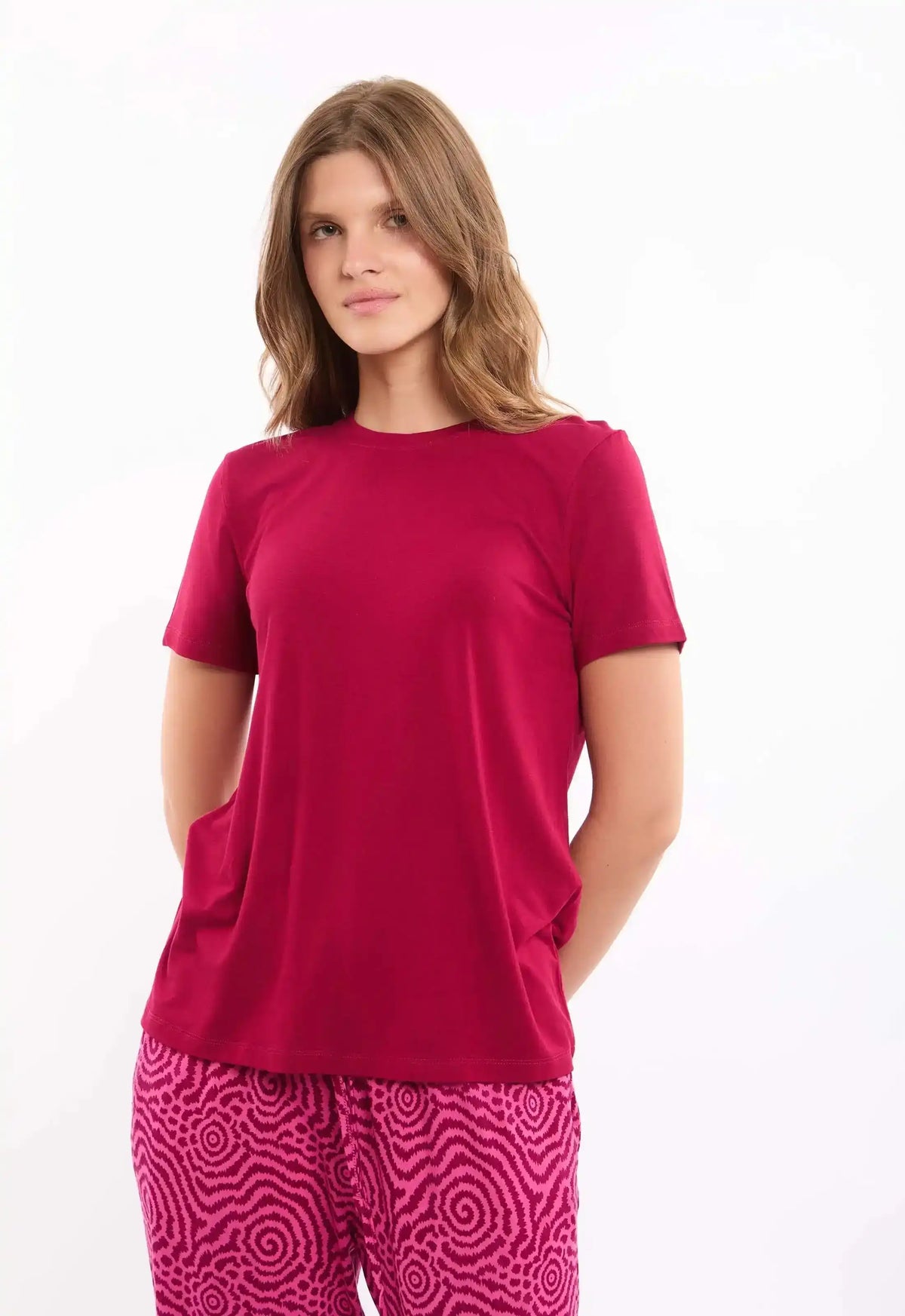 Round Neck Tee with Patterned Pants Pajama Set