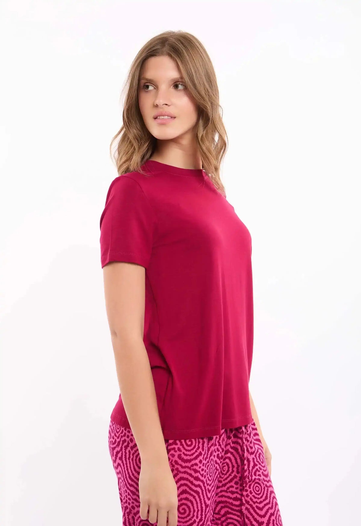 Round Neck Tee with Patterned Pants Pajama Set